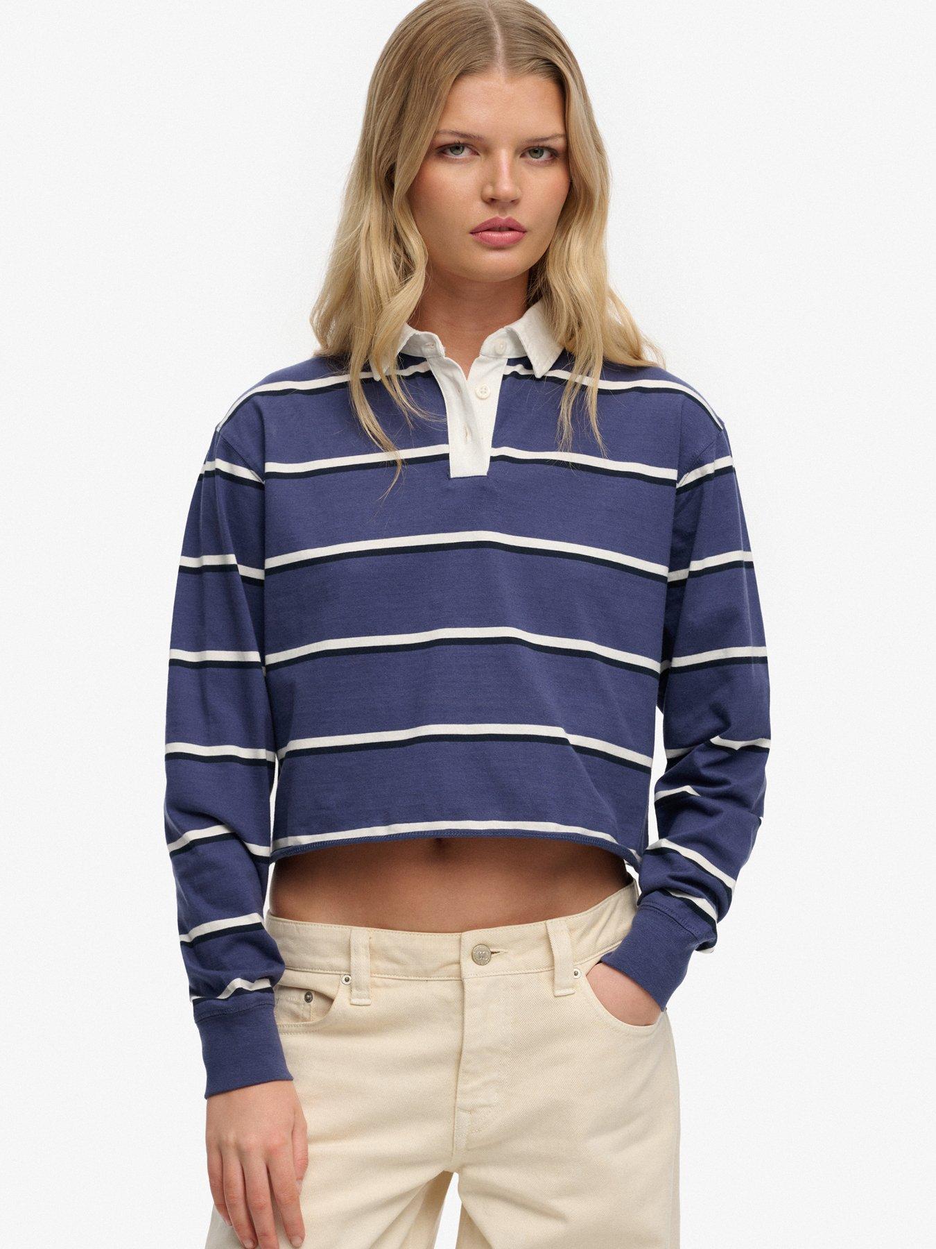 Superdry Athletic Essentials Cropped Stripe Rugby Shirt-Blue
