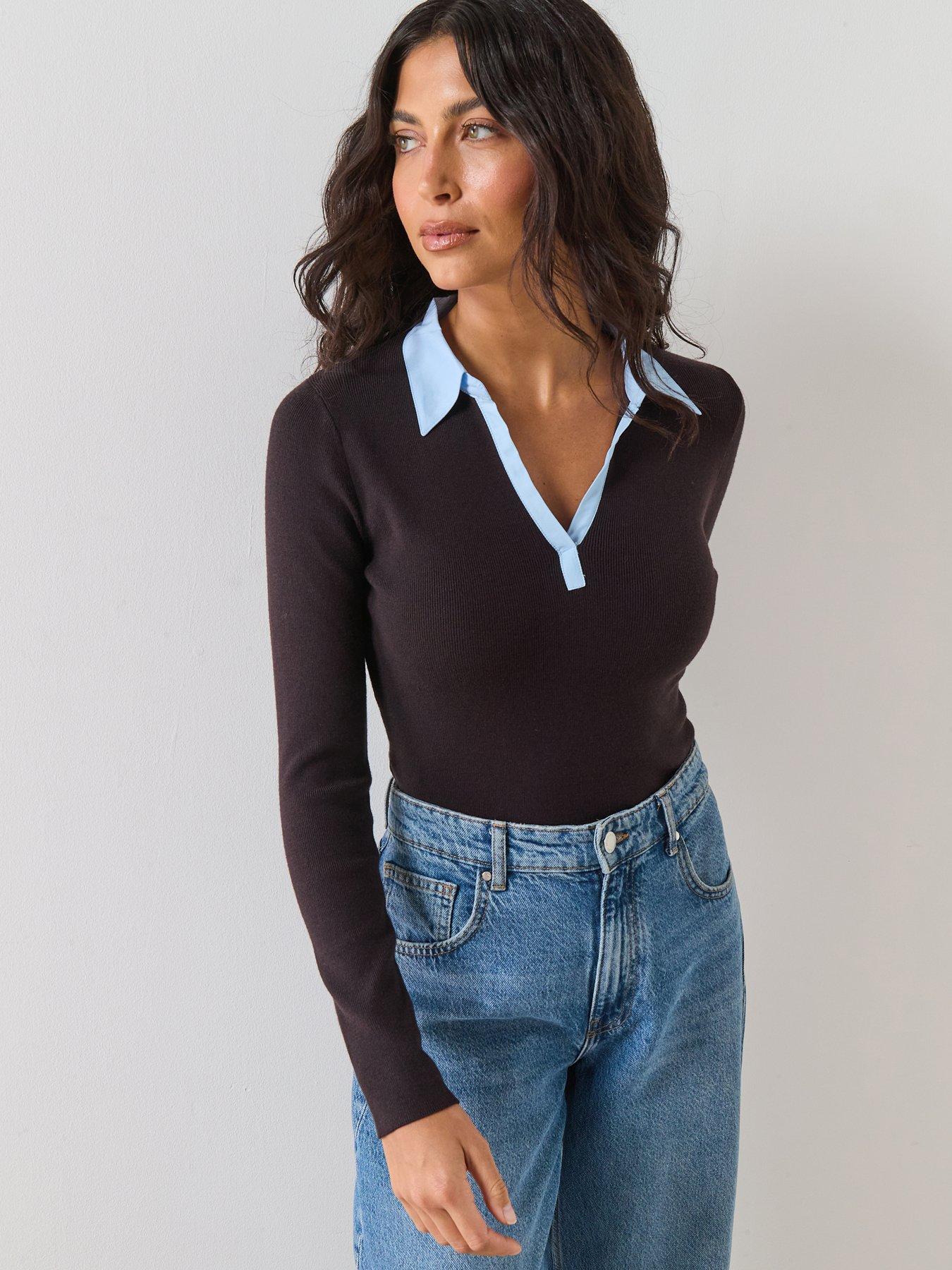 Mango Combined Shirt Collar Sweater - Brown