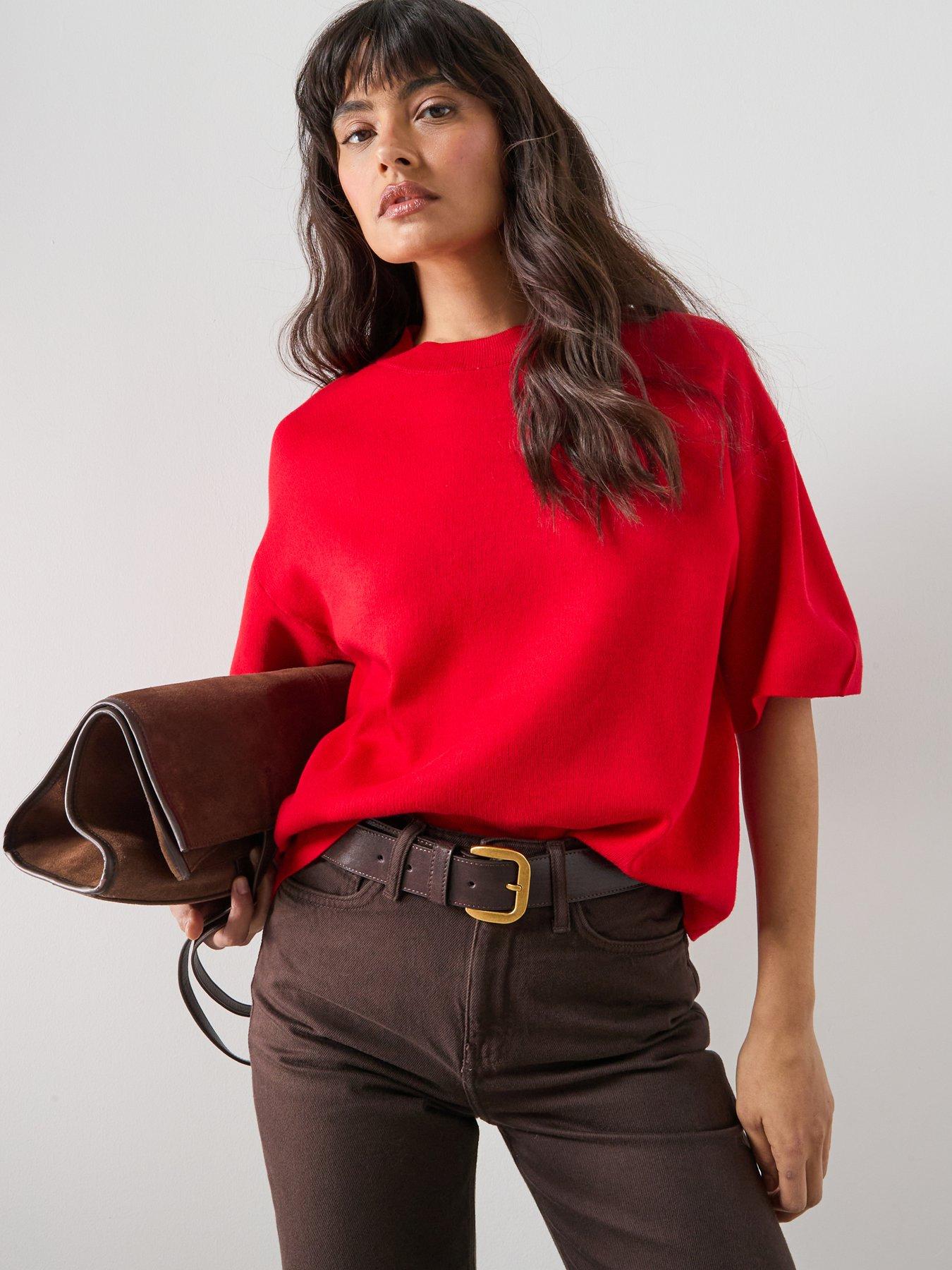 Image 1 of 5 of Mango Oversize Short Sleeve Sweater - Red