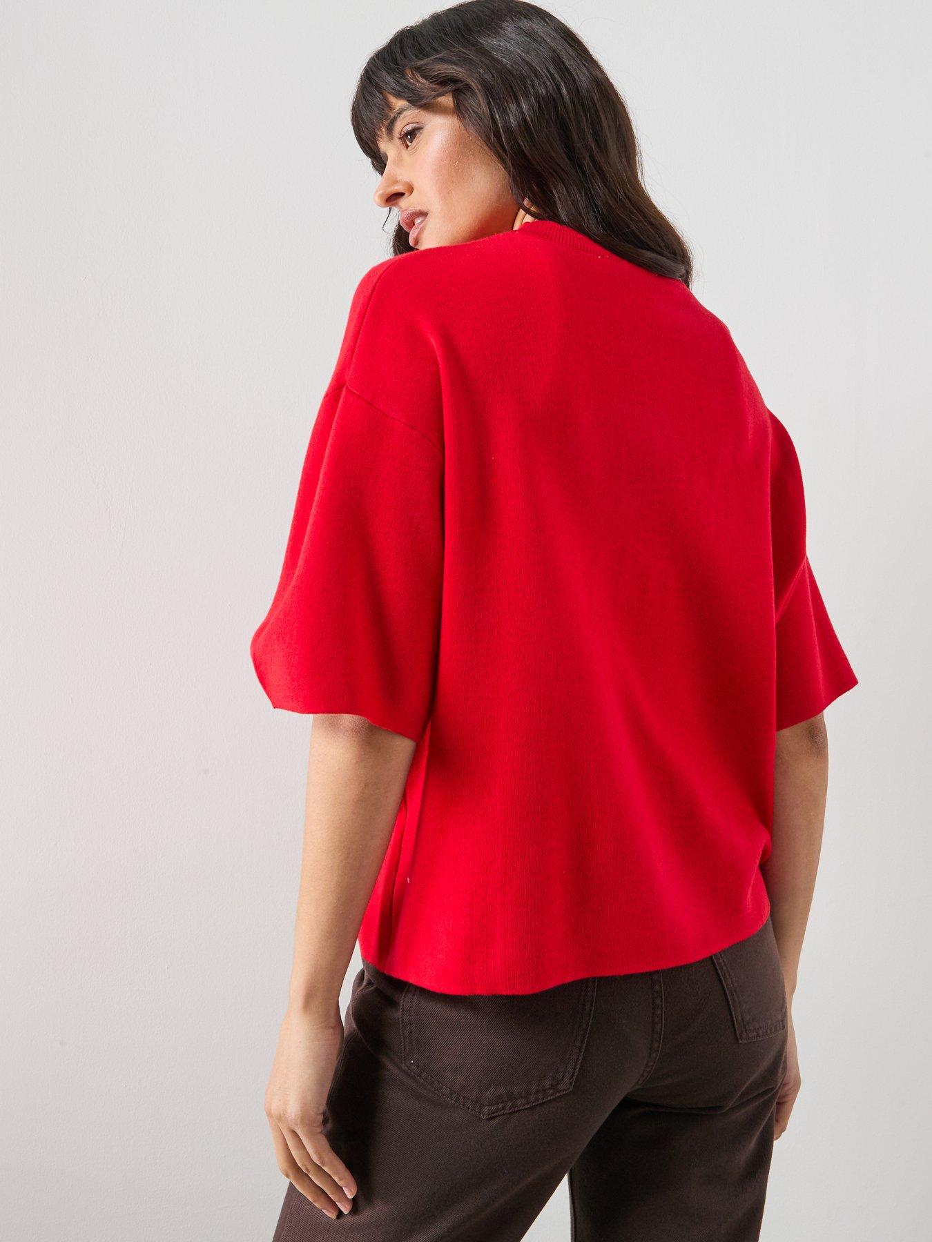 Image 2 of 5 of Mango Oversize Short Sleeve Sweater - Red