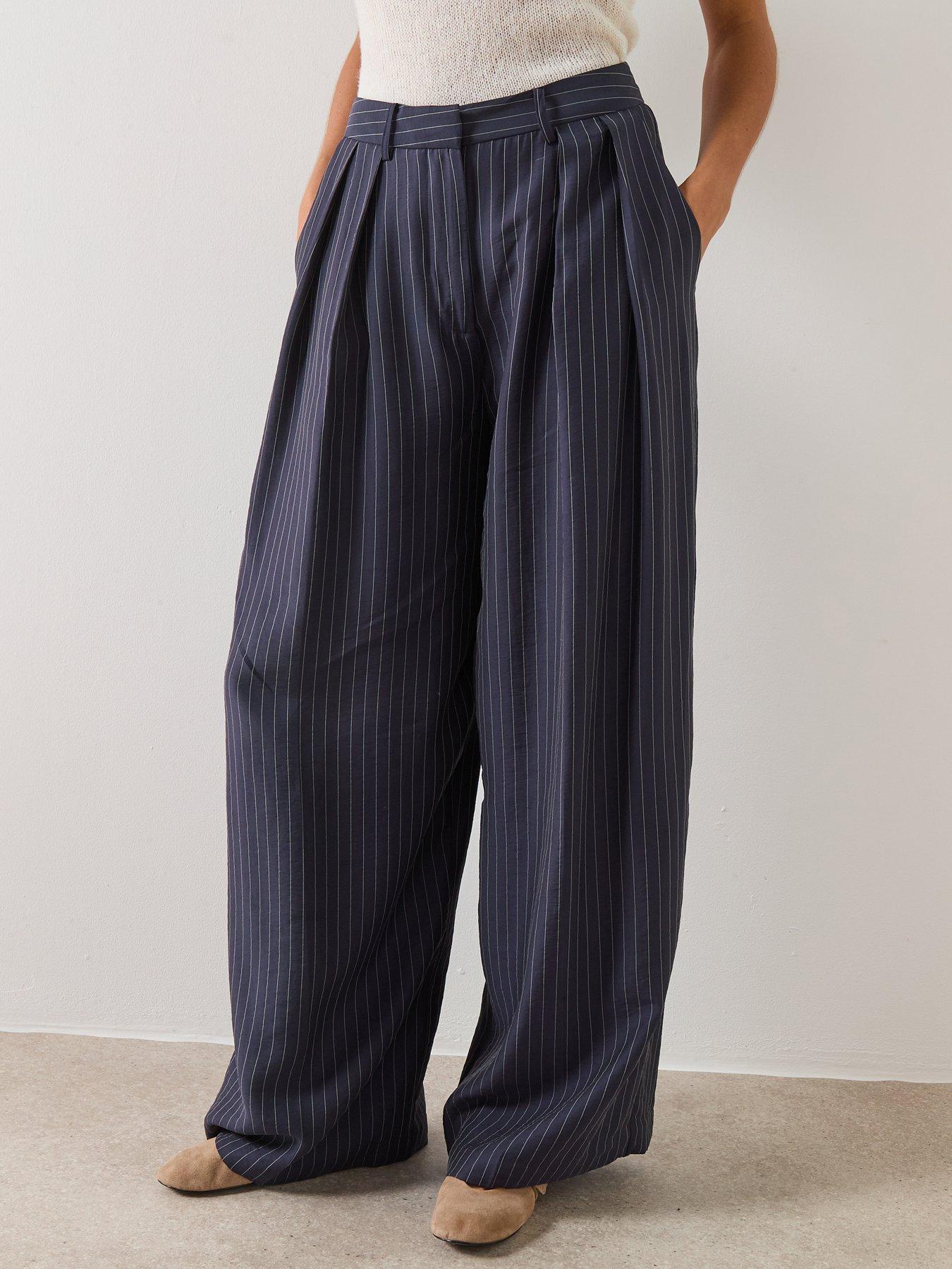 Mango: Pinstripe Wide Leg Trousers - Blue