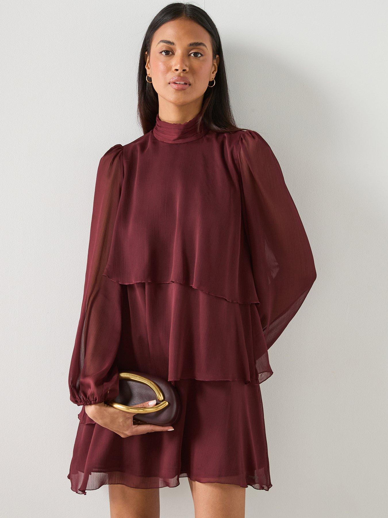 Mango Ruffle Dress With Draped Neckline - Burgundy