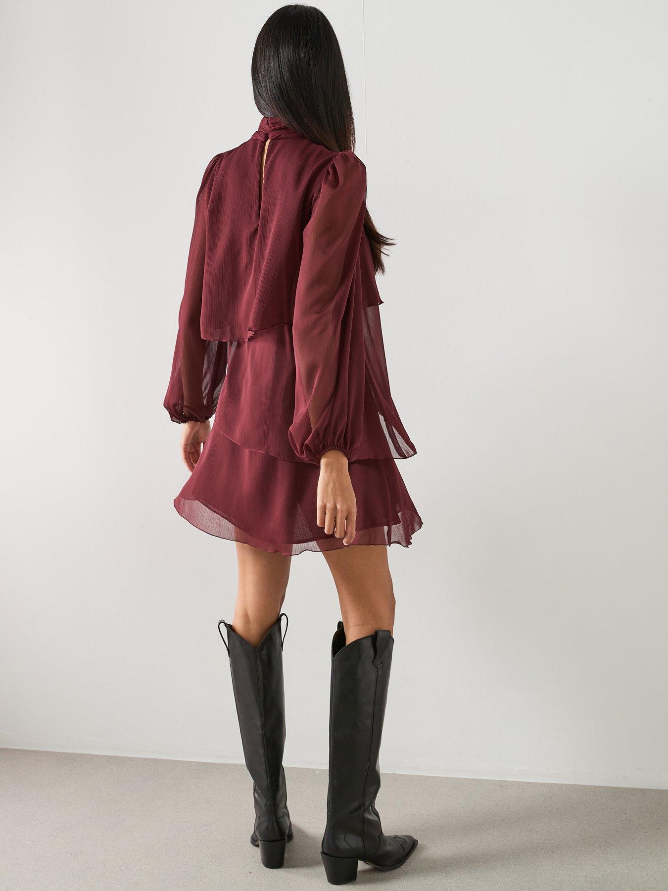 Mango Ruffle Dress With Draped Neckline - Red | Very