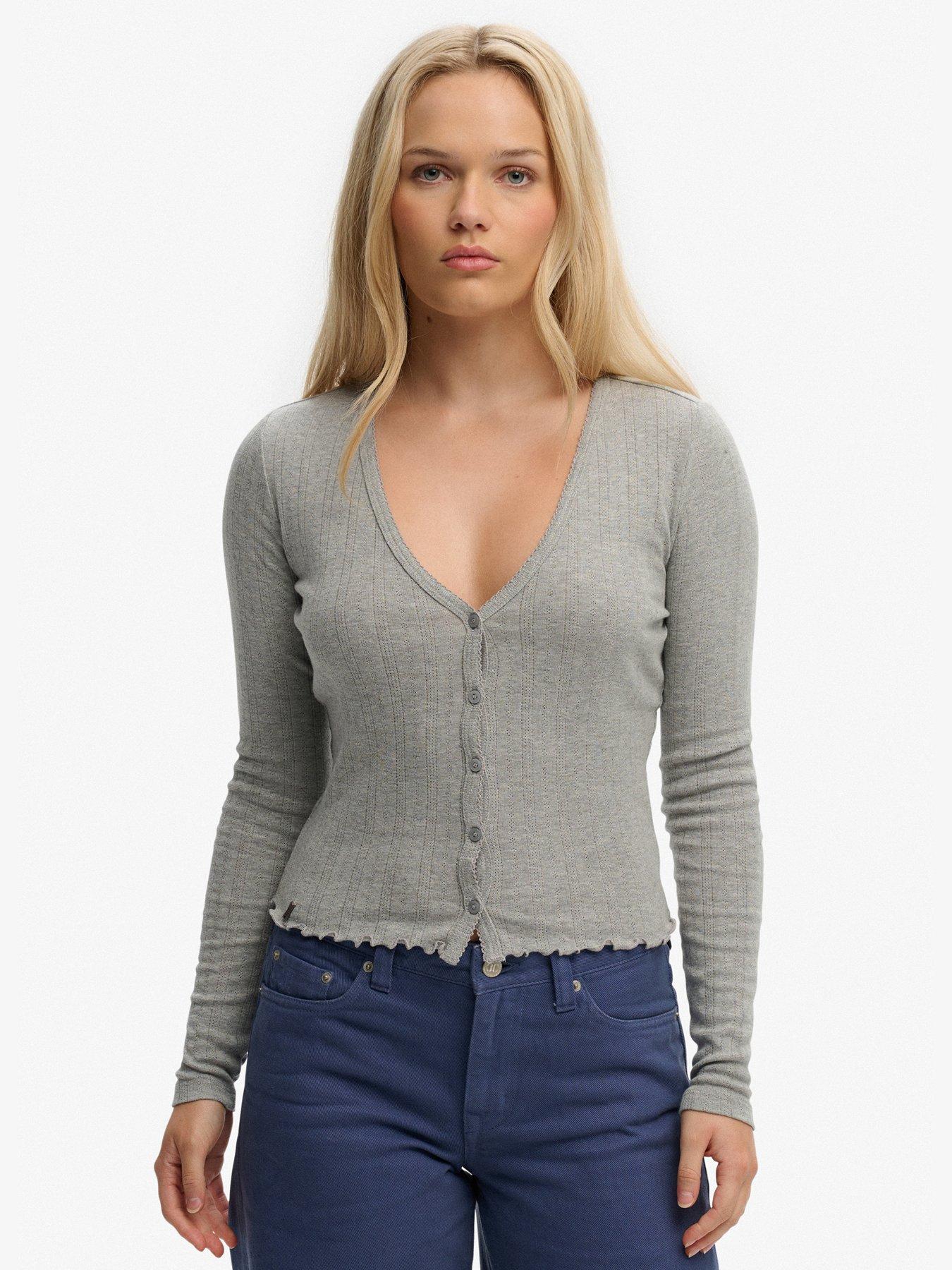Superdry Athletic Essential Pointelle Cardigan, Grey, Size 14, Women