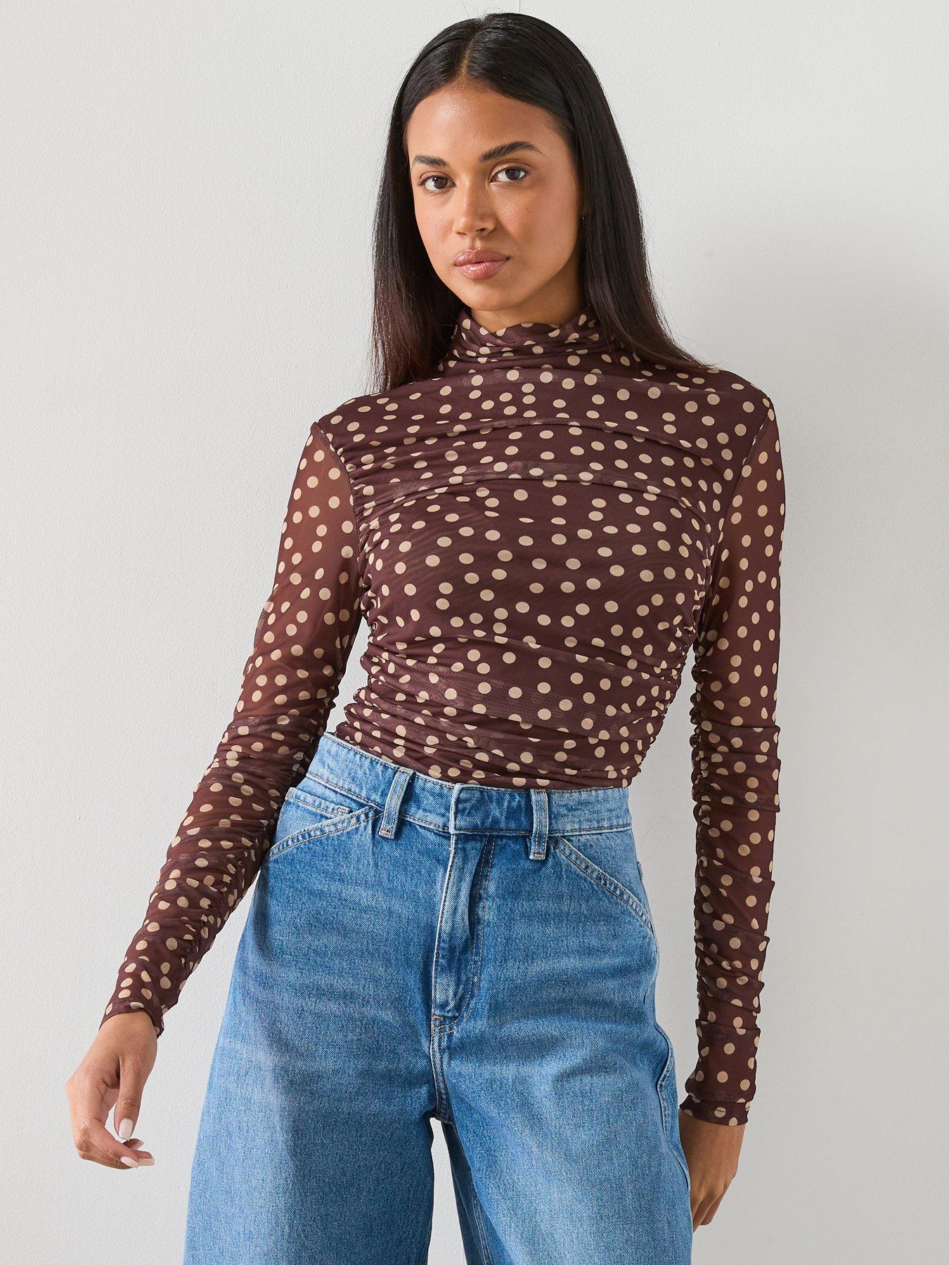Mango Ruched Polka Dot T-Shirt - Brown