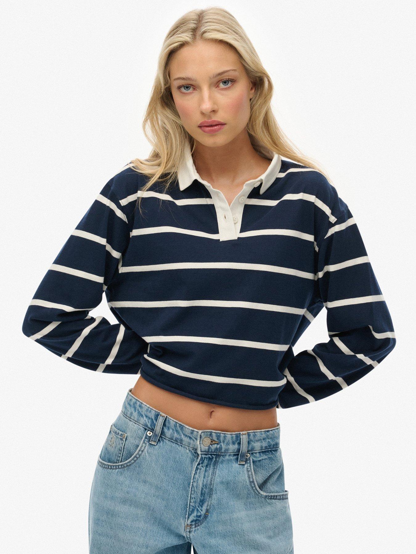 Superdry Athletic Essentials Cropped Stripe Rugby Shirt- Blue