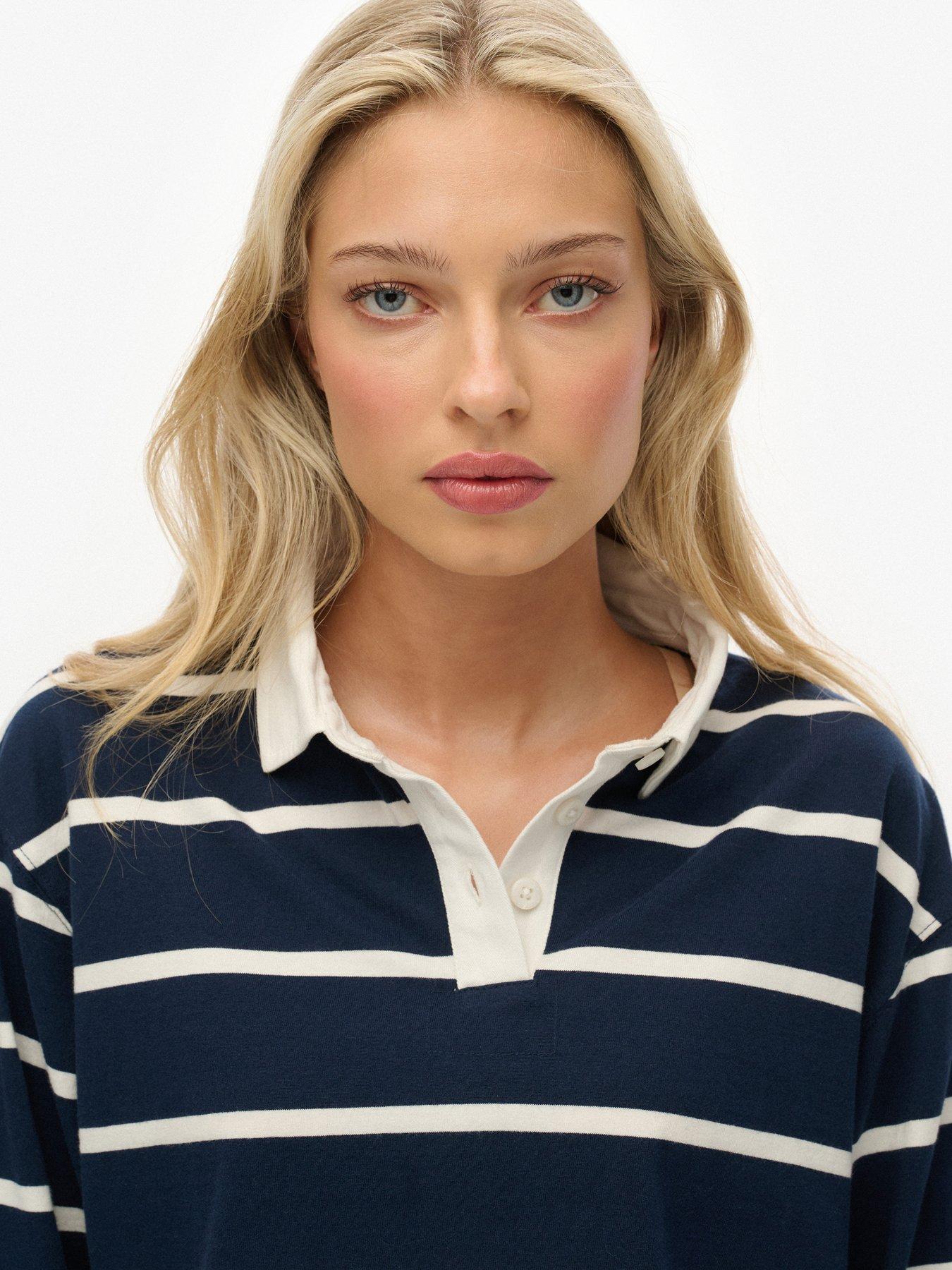 Superdry Athletic Essentials Cropped Stripe Rugby Shirt- Blue | Very