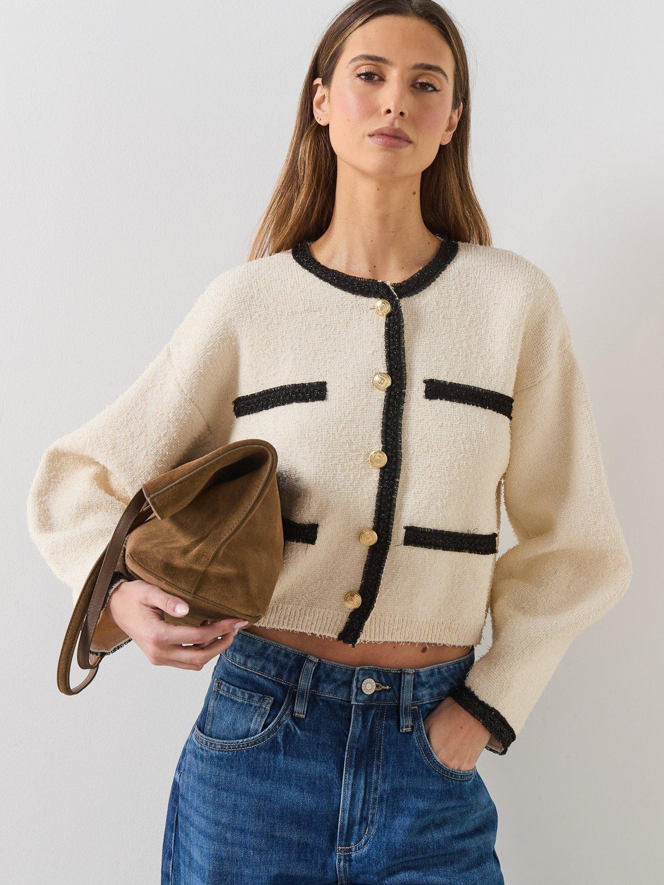 Mango Contrasting Ribbed Cardigan - Beige