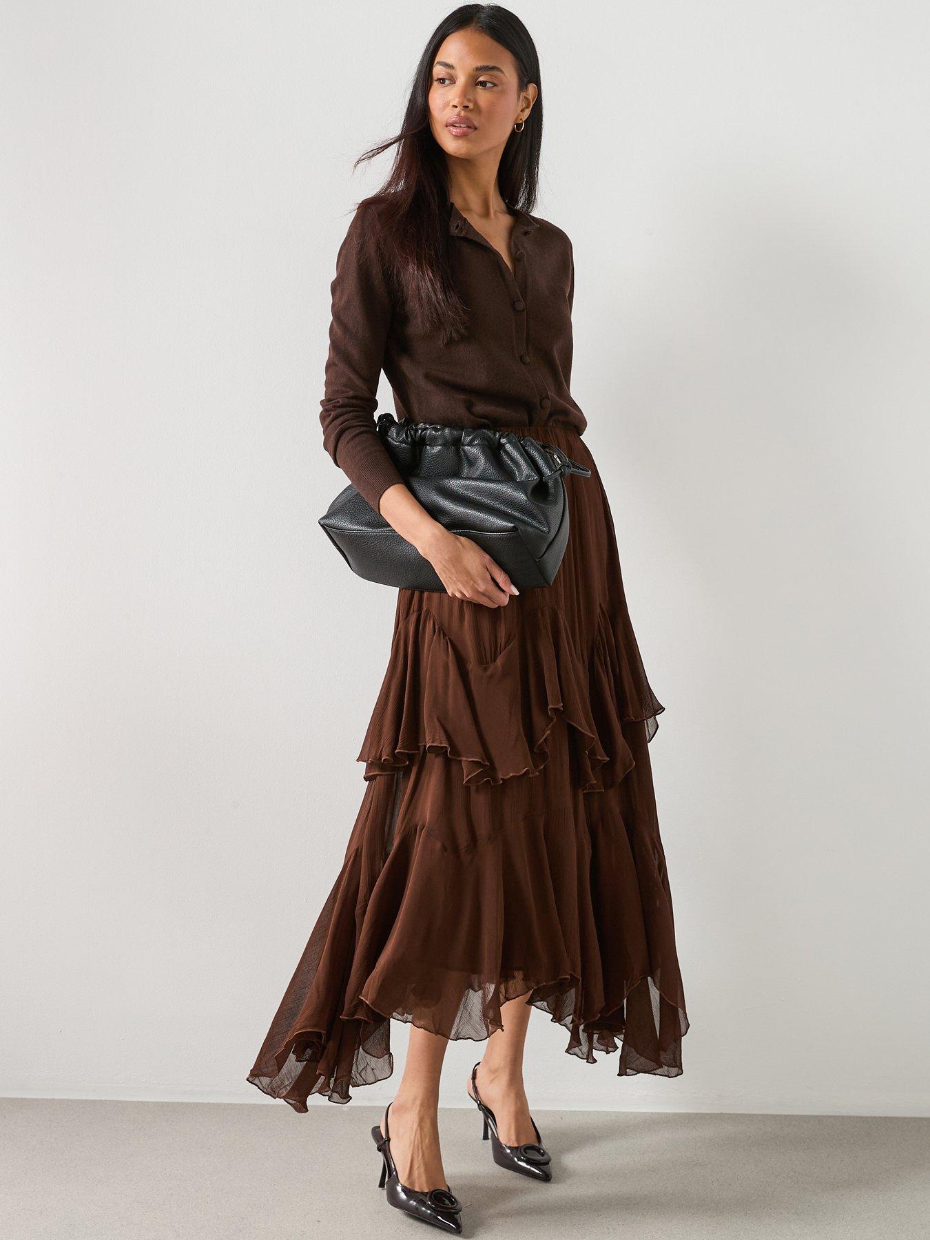 Mango Ruffled Chiffon Skirt - Brown