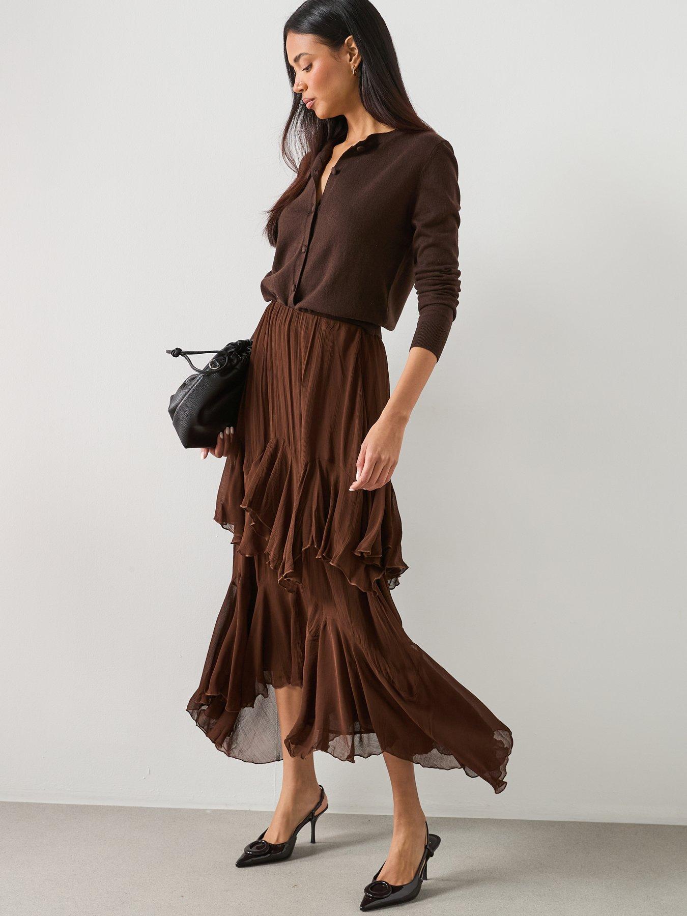 Mango Ruffled Chiffon Skirt - Brown