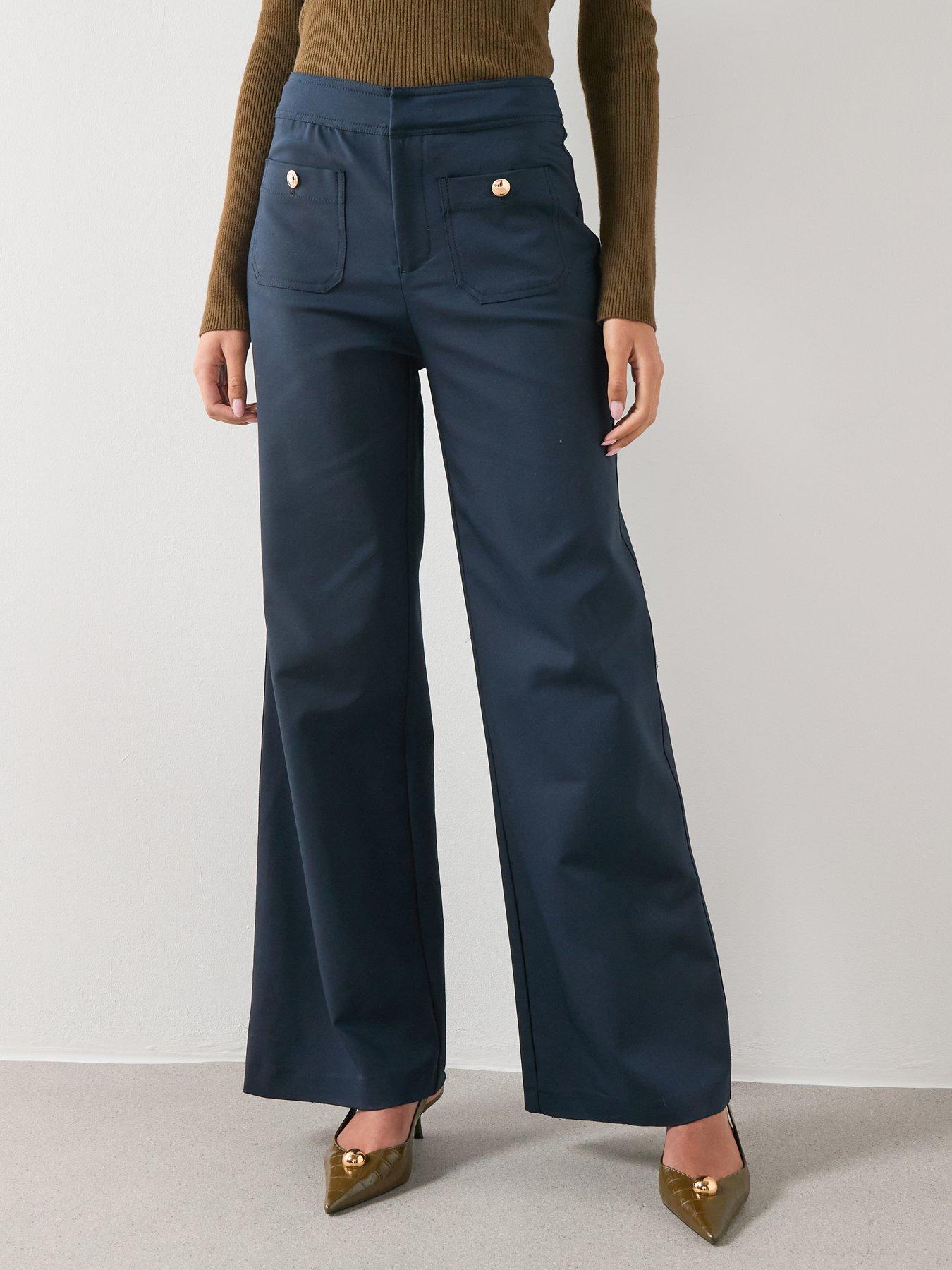 Mango: Straight Trousers With Jewel Buttons - Navy