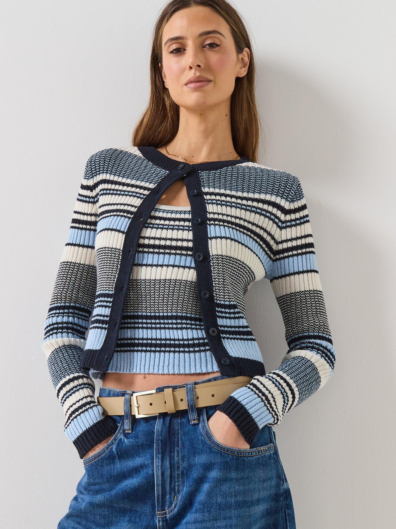 Mango Striped Knit Cardigan - Blue