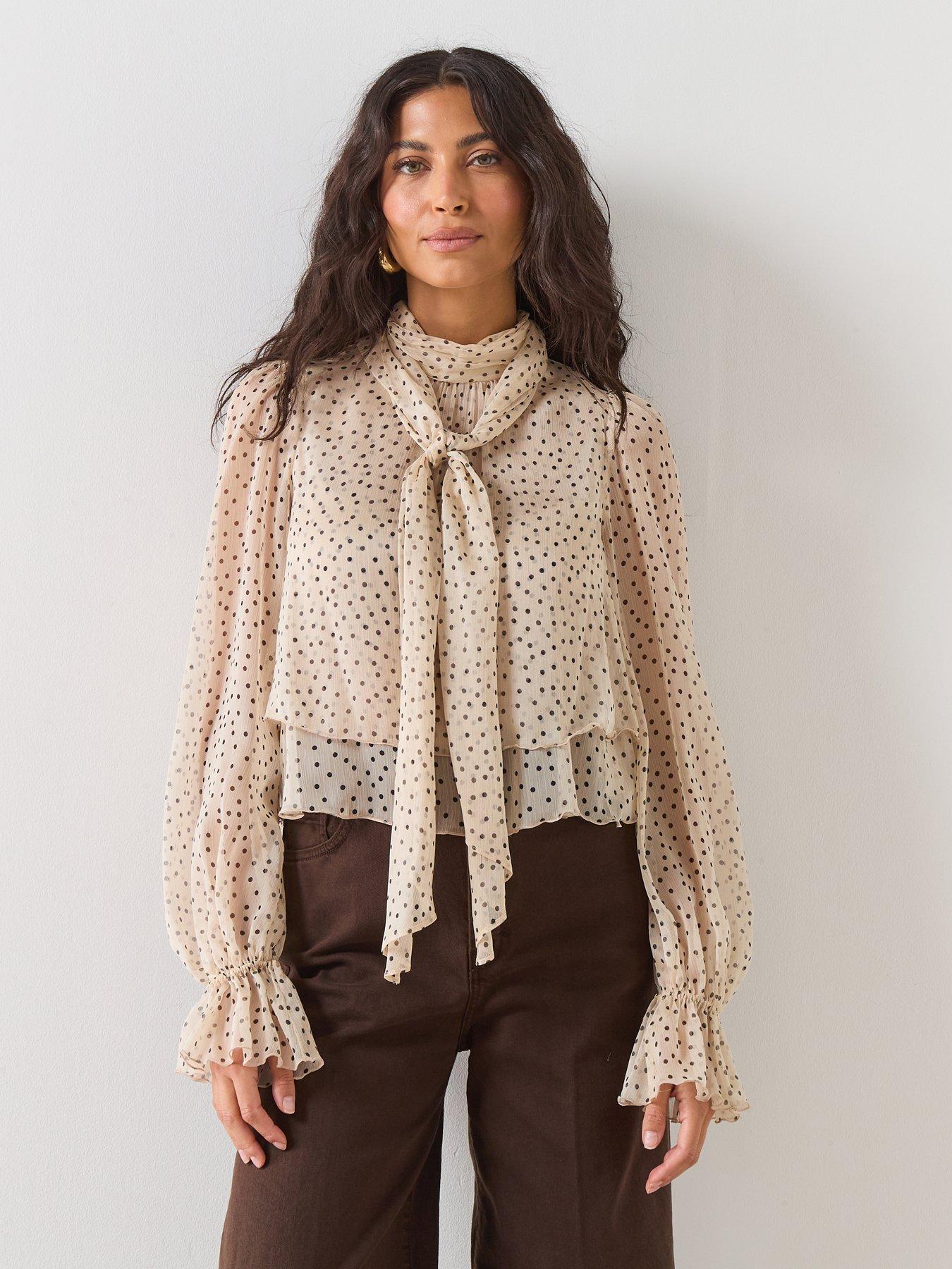 Image 1 of 6 of Mango Bow Polka-dot Blouse - Beige