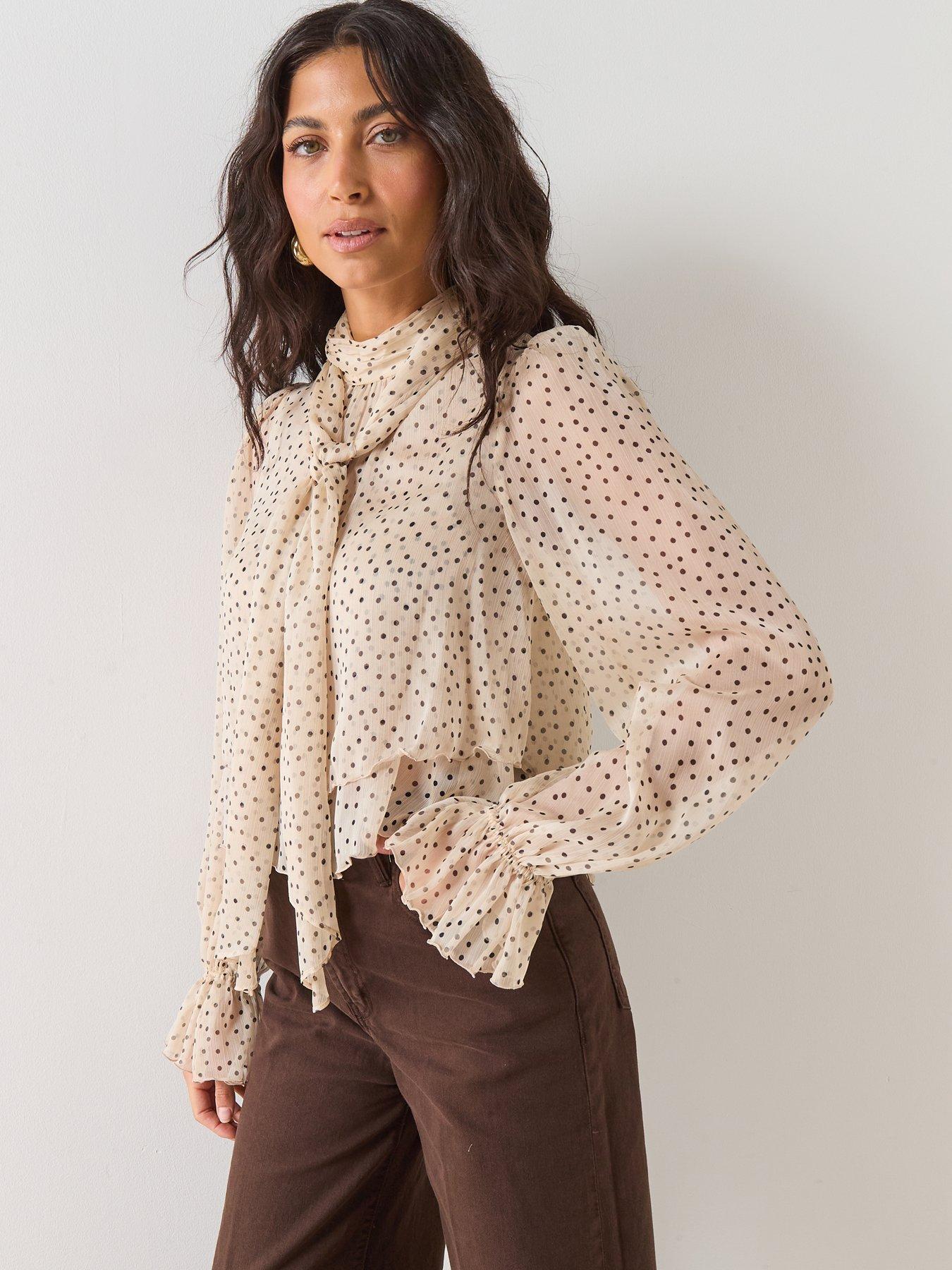 Image 4 of 6 of Mango Bow Polka-dot Blouse - Beige
