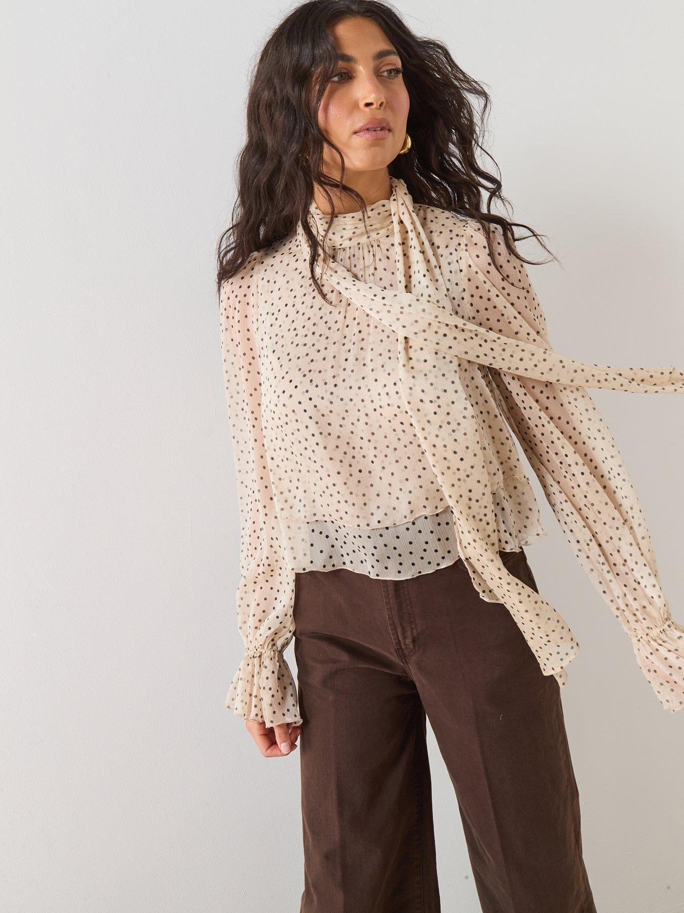 Image 6 of 6 of Mango Bow Polka-dot Blouse - Beige