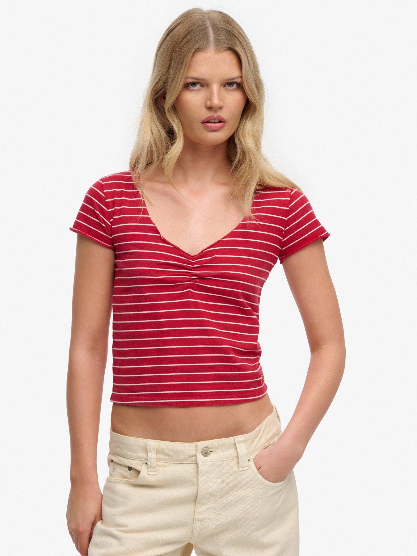 Superdry Ath Ess Gathered Pattern Short Sleeve Top - Red
