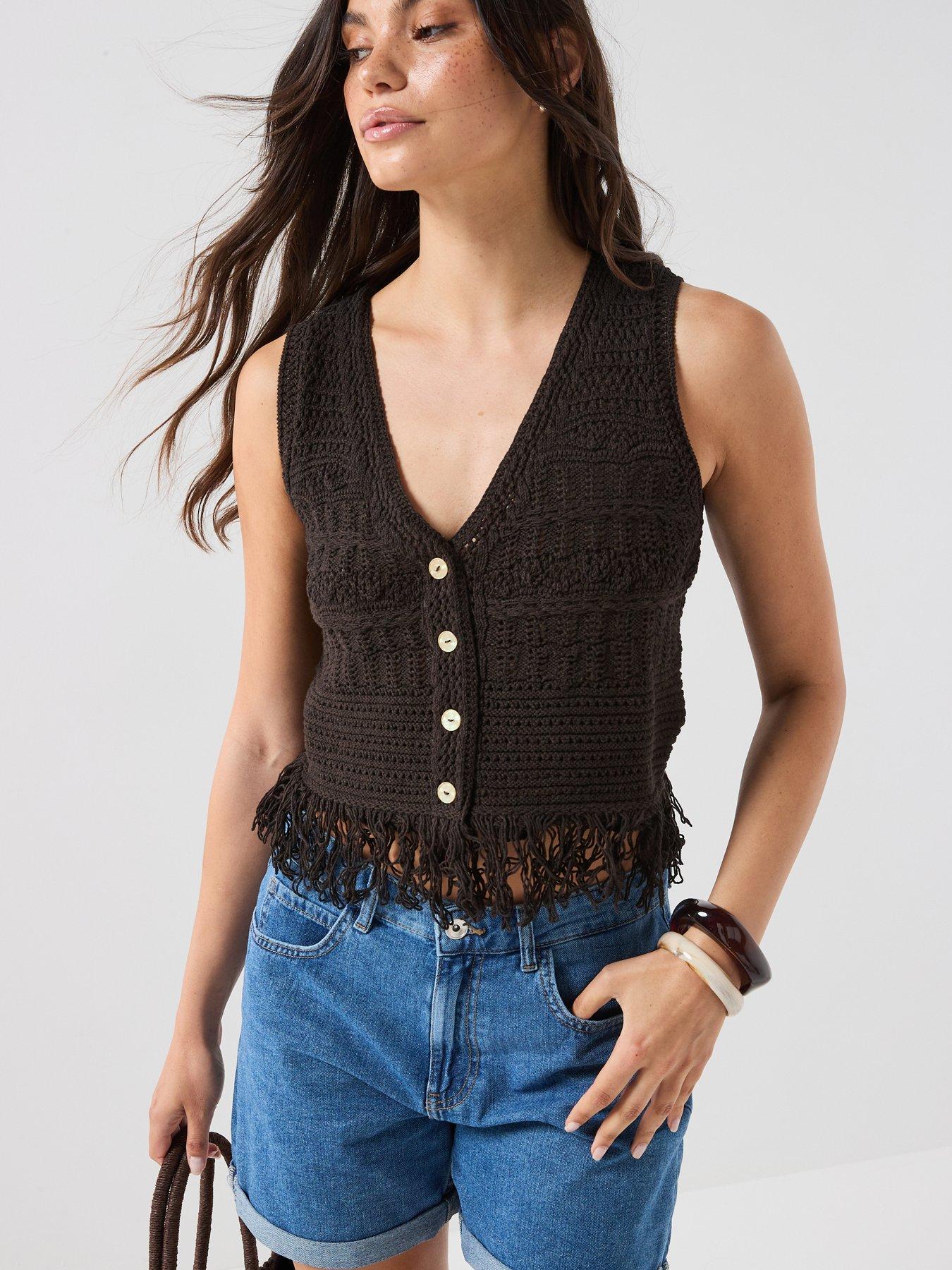 Image 1 of 5 of Only Onlalix Sleeveless Fringe Knit Waistcoat - Mole
