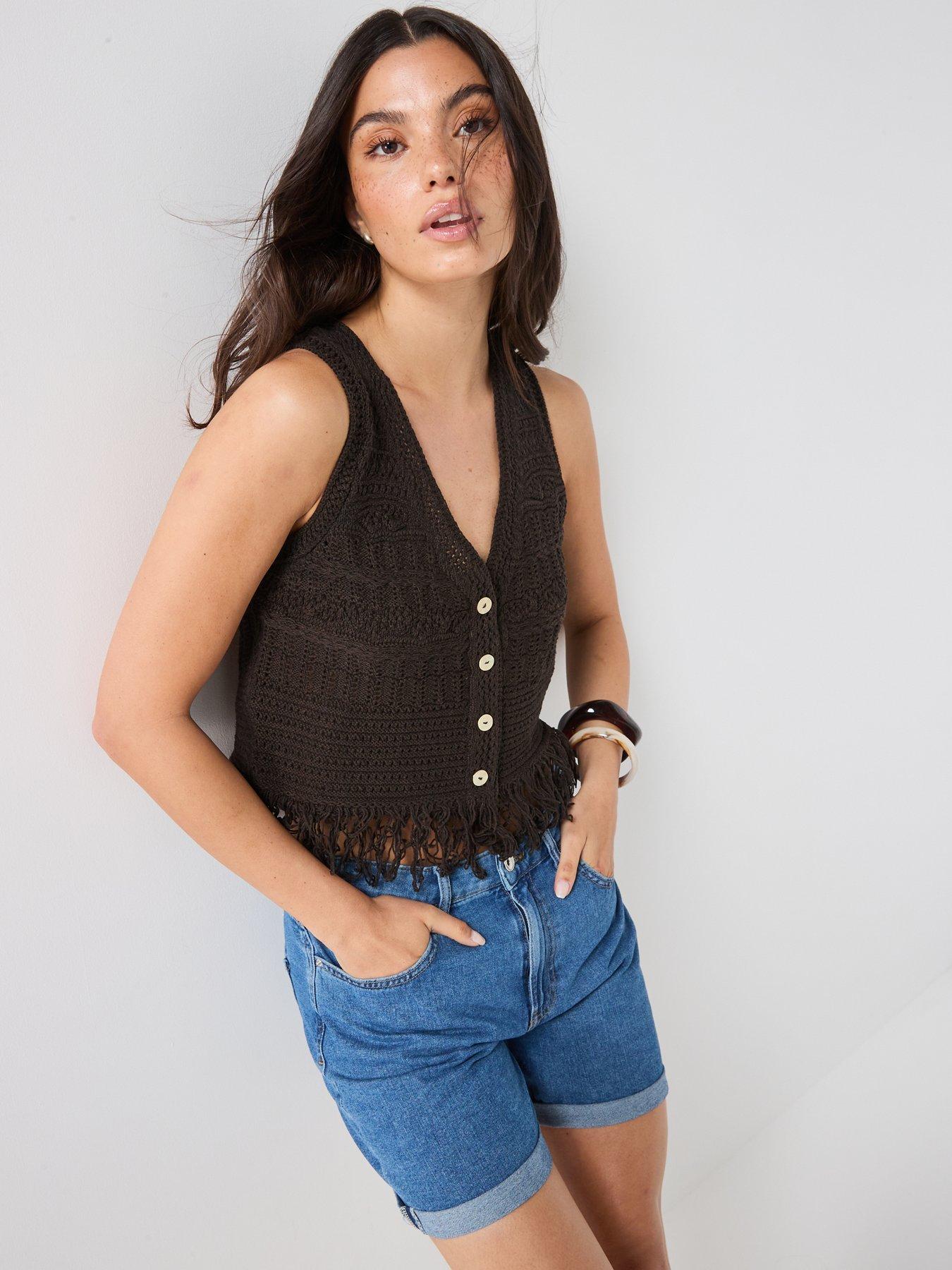 Image 4 of 5 of Only Onlalix Sleeveless Fringe Knit Waistcoat - Mole