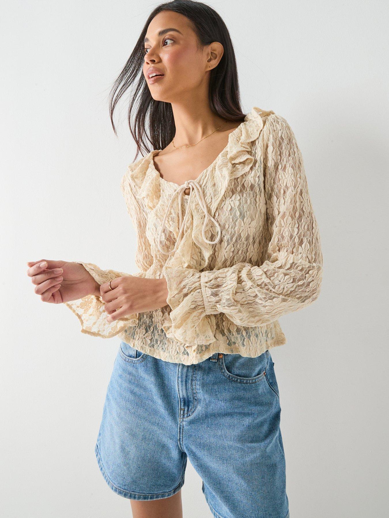 Only Onlpearlina Long Sleeve Ruffle Lace Top Wvn, Birch, Size L, Women