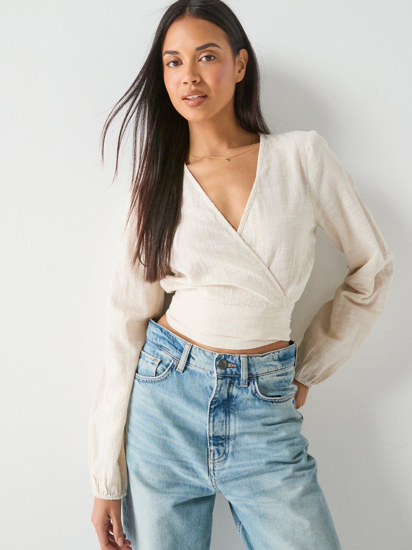 PIECES Agnes Long Sleeve Cropped Tie Top - Cream