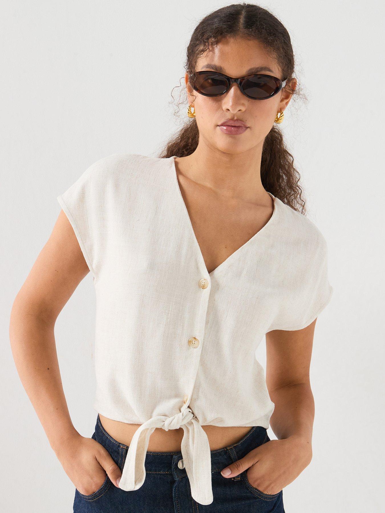 Only Onlsiesta Short Sleeve Knot Lin Bl Shirt Pnt Noos, Moonbeam, Size M, Women