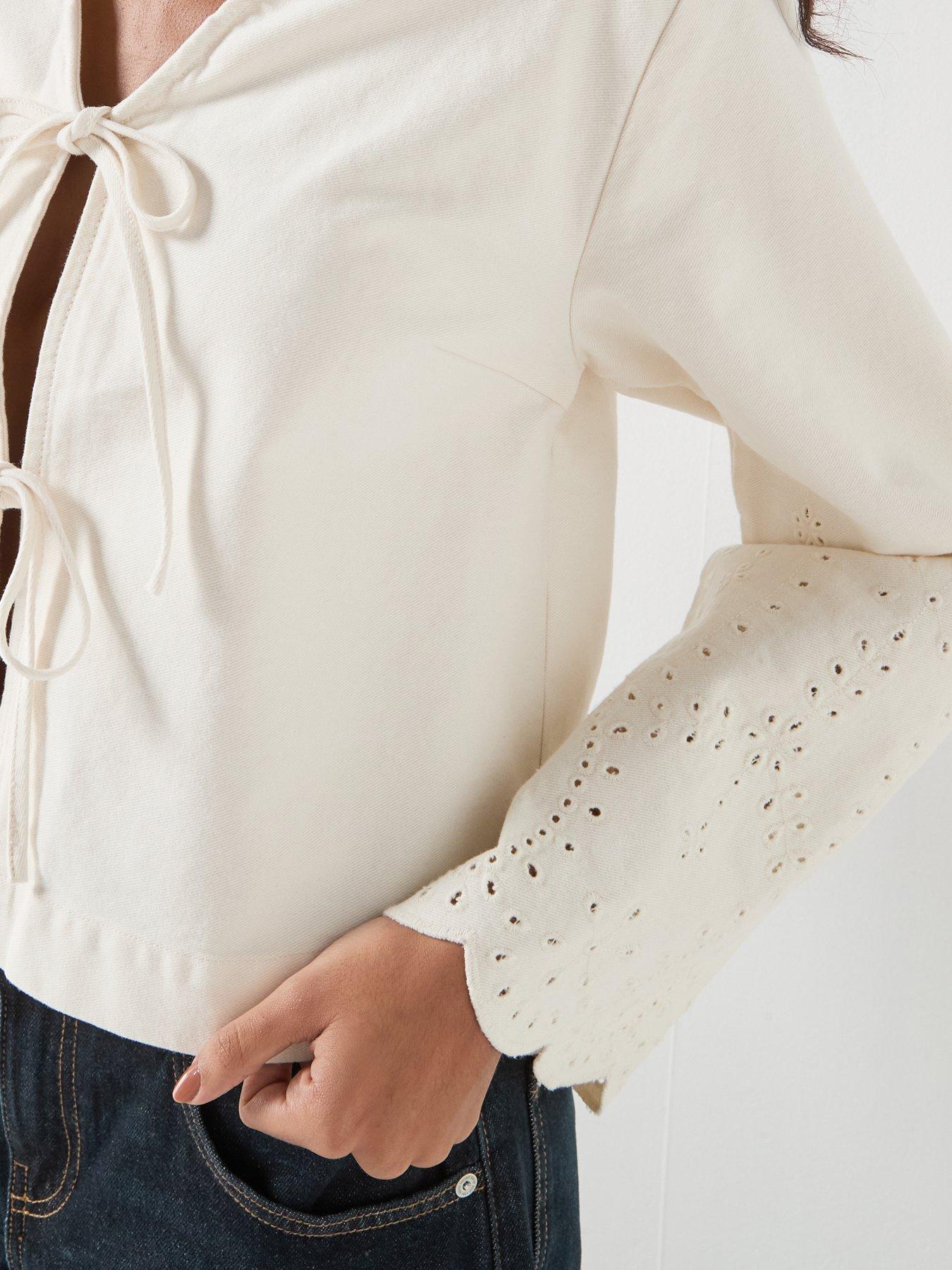 Image 4 of 6 of Only Crochet Tie Front Jacket &nbsp;- White