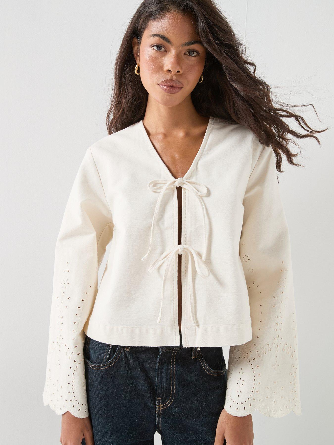 Image 6 of 6 of Only Crochet Tie Front Jacket &nbsp;- White