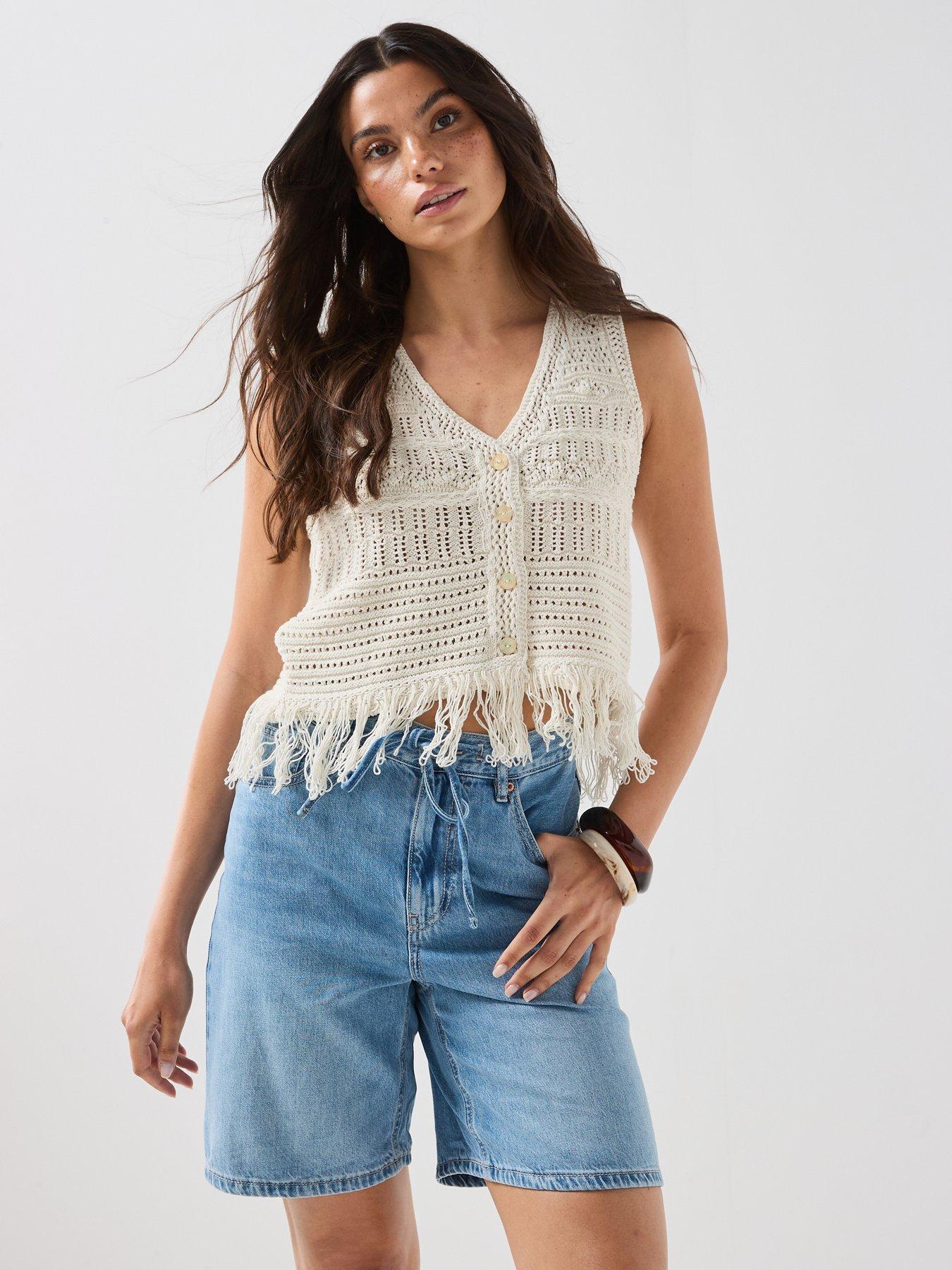 Only Alix Sleeveless Fringe Knit Waistcoat - Ecru/White