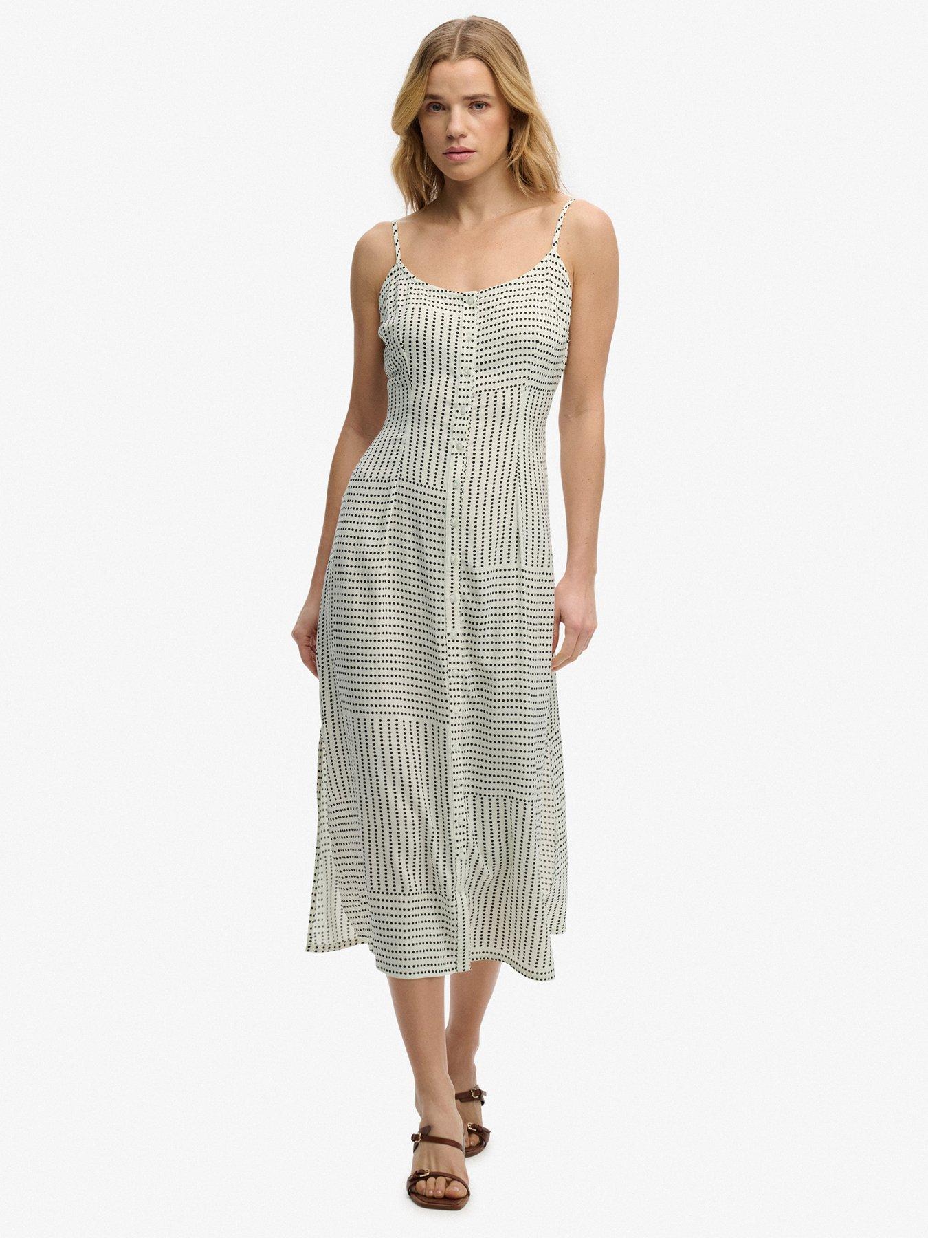 Superdry Print Button Down Cami Midi Dress, White, Size 8, Women