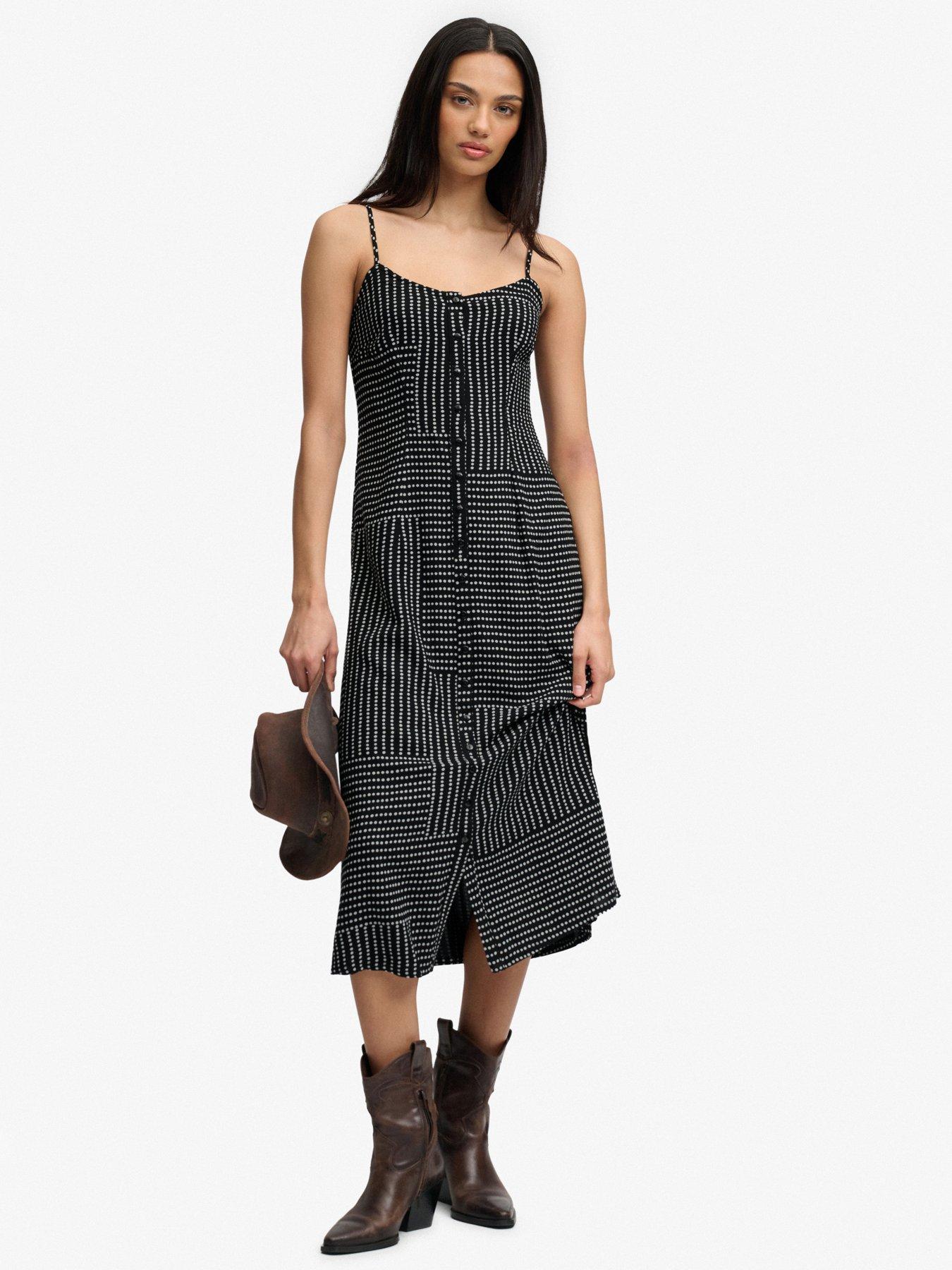 Image 1 of 6 of Superdry Print Button Down Cami Midi Dress - Black