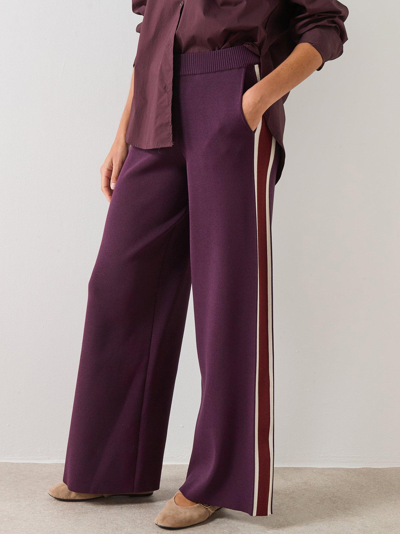 Image 1 of 6 of Mango Knitted Trousers With Contrasting Stripe - Burgundy