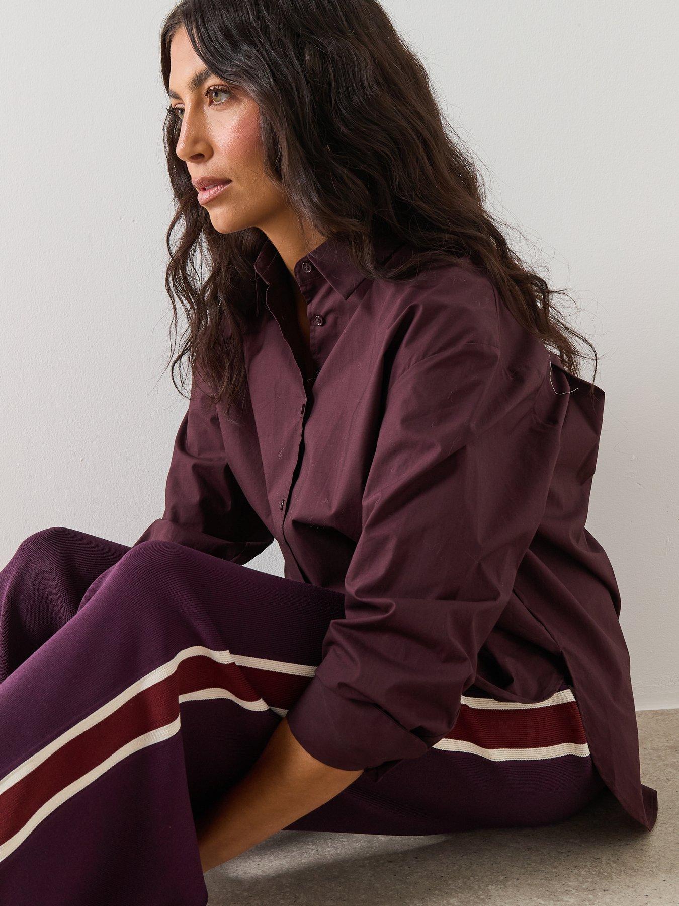 Image 4 of 6 of Mango Knitted Trousers With Contrasting Stripe - Burgundy