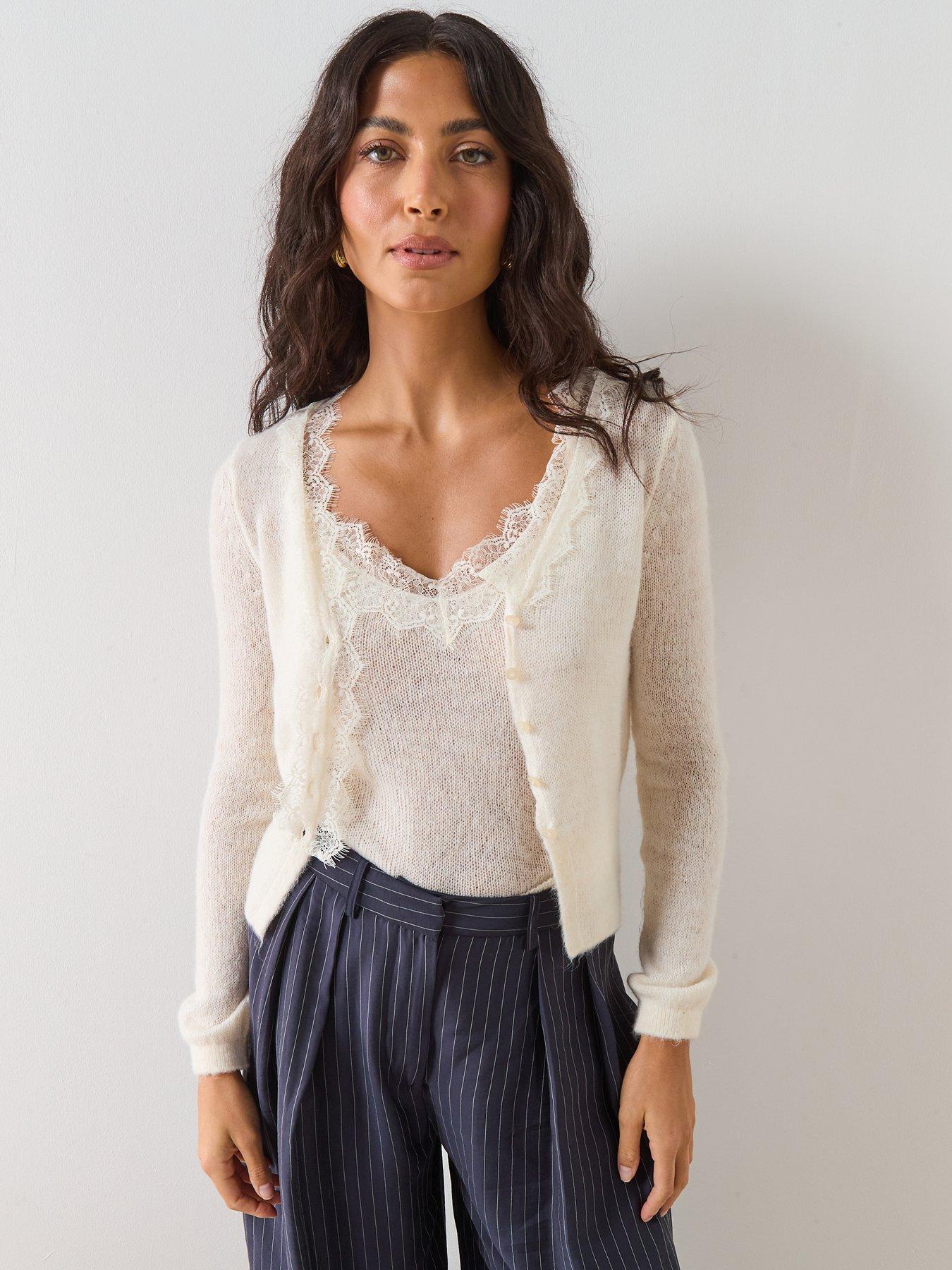 Image 1 of 6 of Mango Lace Knit Cardigan - Cream