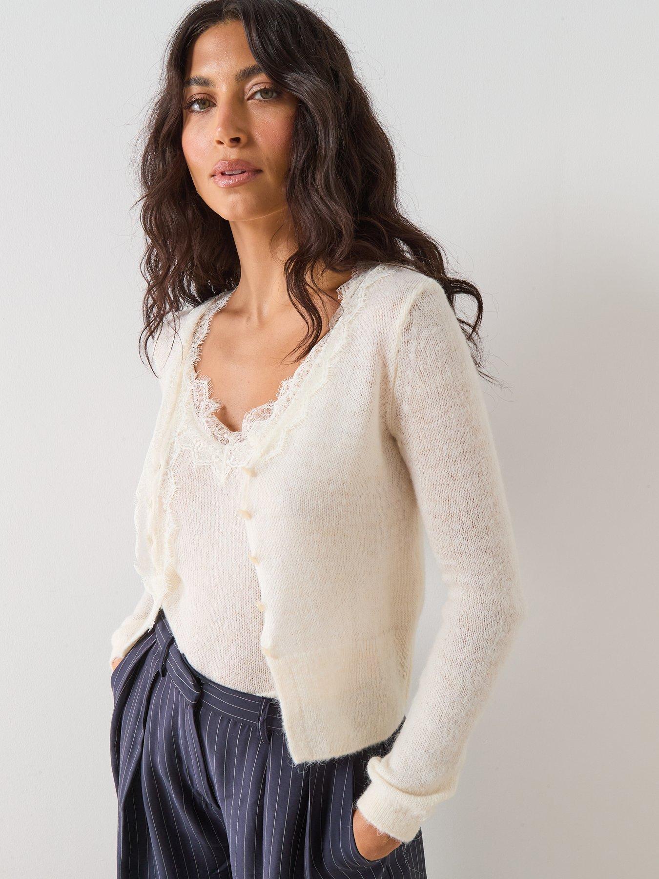 Image 4 of 6 of Mango Lace Knit Cardigan - Cream