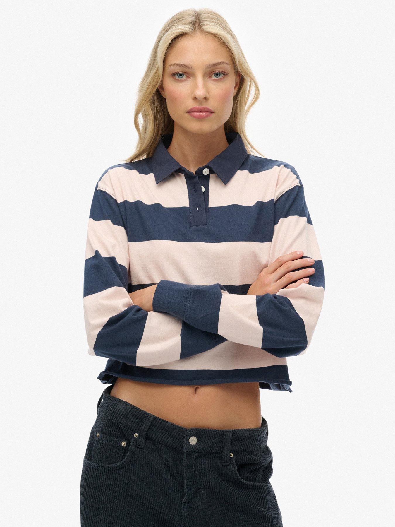 Superdry Athletic Essentials Cropped Stripe Rugby Shirt-blue, Blue, Size 12, Women