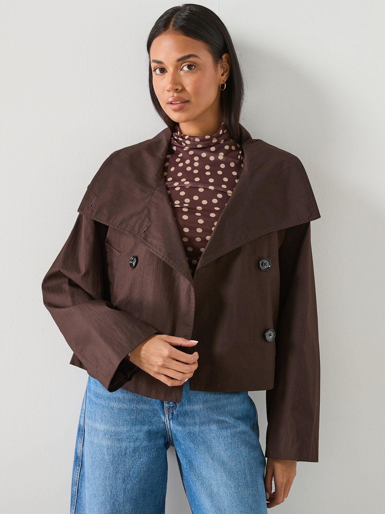 Mango Double-breasted Cropped Trench Coat - Brown