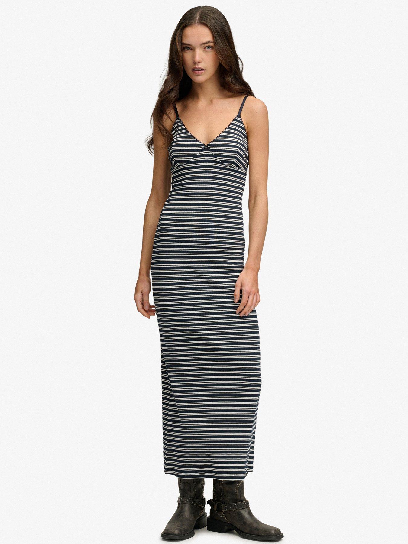 Image 1 of 7 of Superdry Stripe Rib Jersey Maxi Dress - Blue