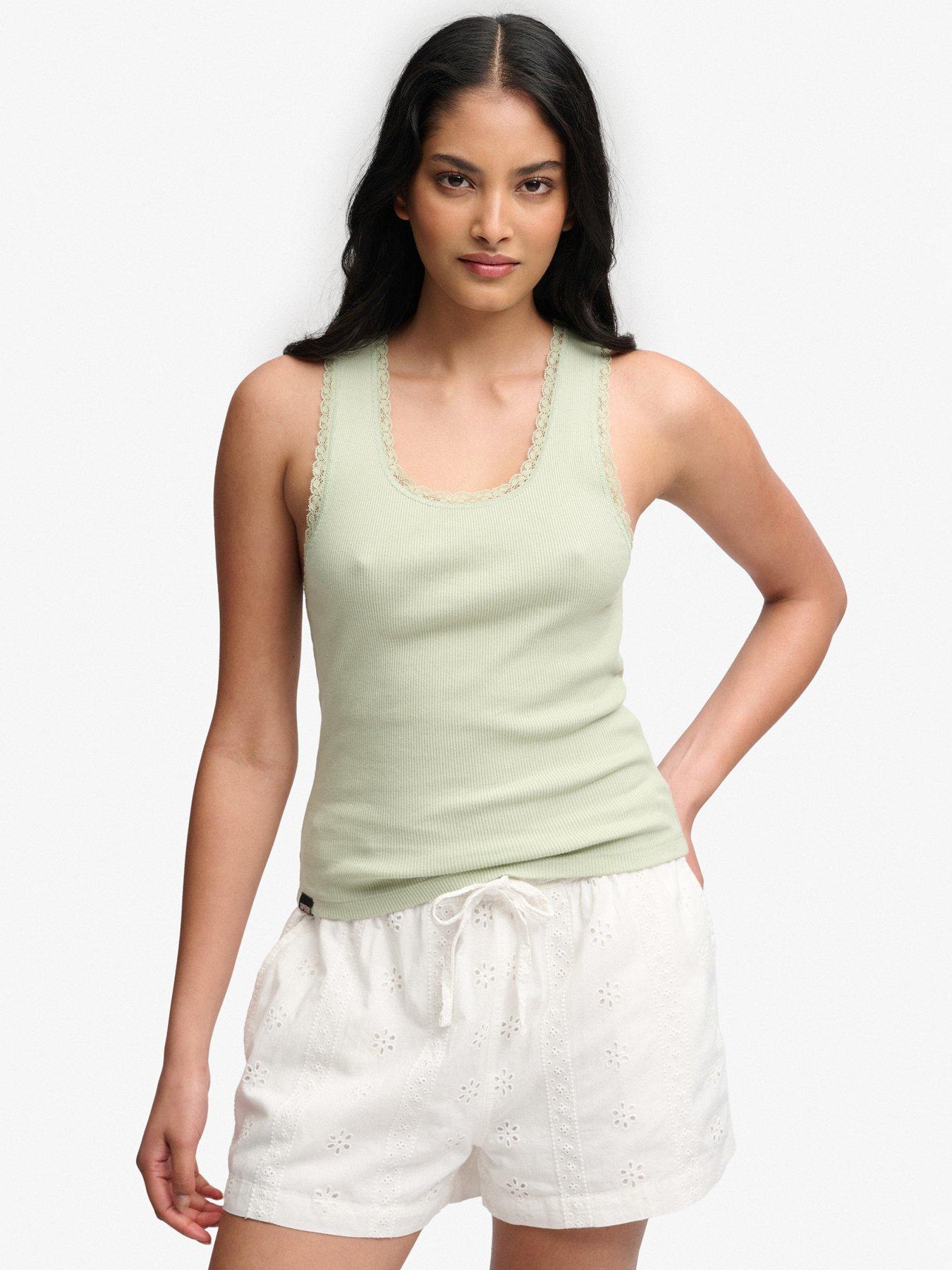 Superdry Vintage Lace Trim Vest, Green, Size 10, Women