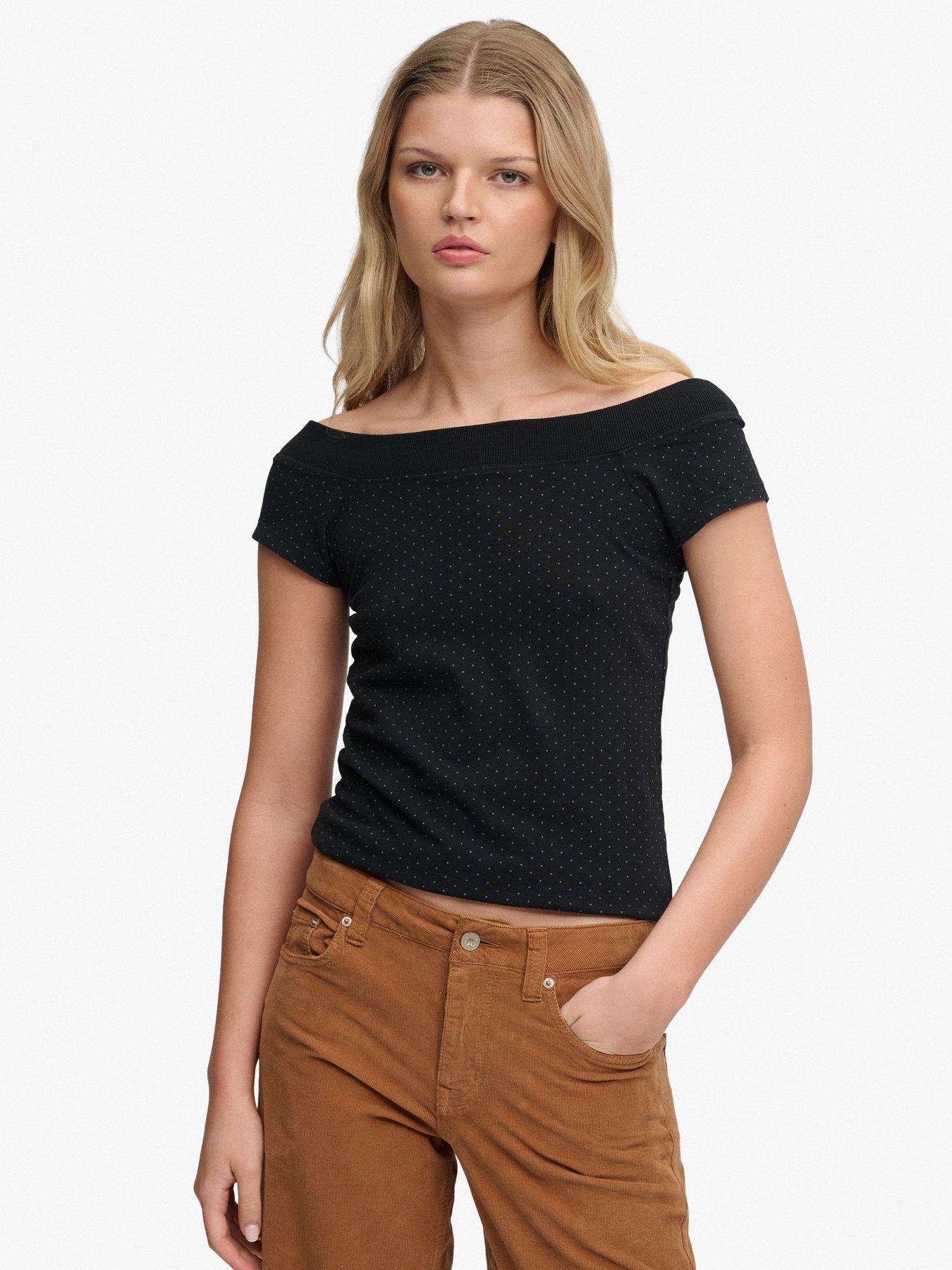 Image 1 of 6 of Superdry Ath Off Shoulder Pattern Top - Black