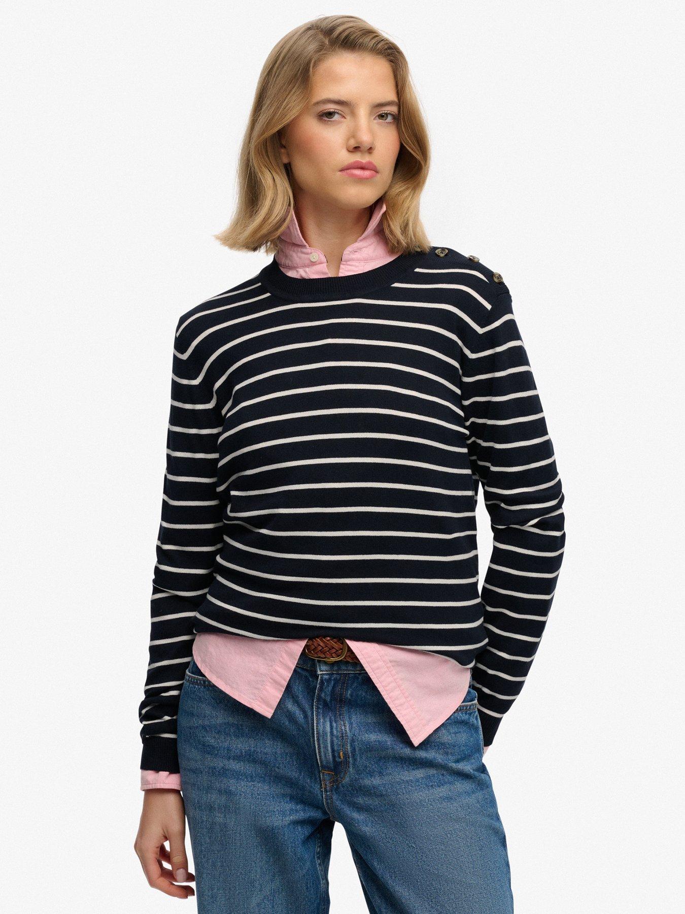 Superdry Lightweight Essential Striped Jumper, Blue, Size 12, Women