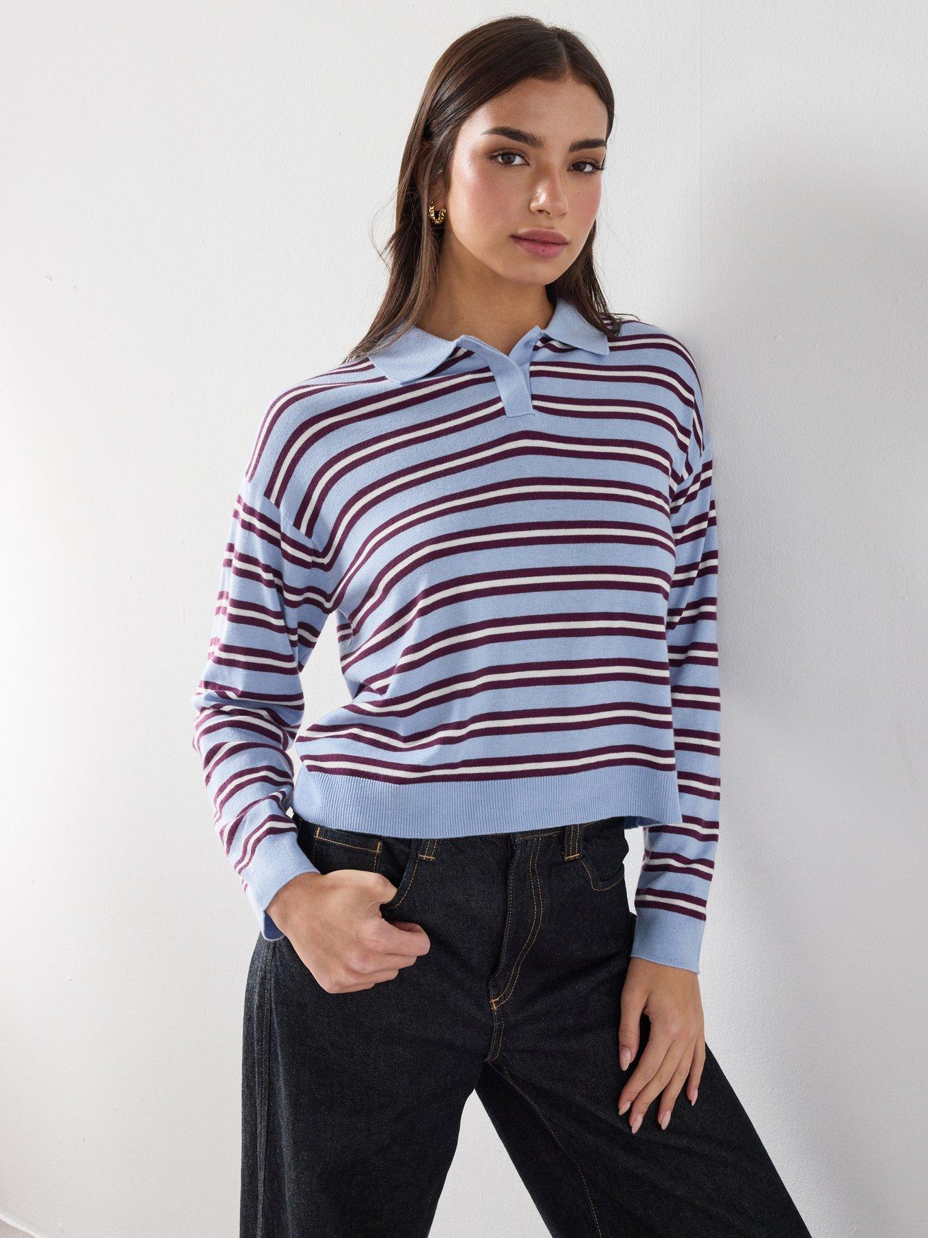 Mango Striped Polo-neck Sweater - Blue