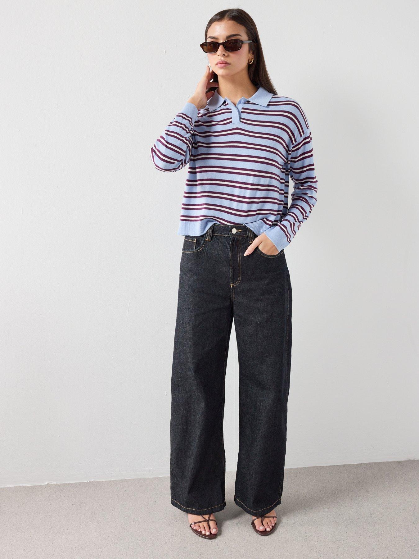 Image 3 of 6 of Mango Striped Polo Collar Sweater - Blue