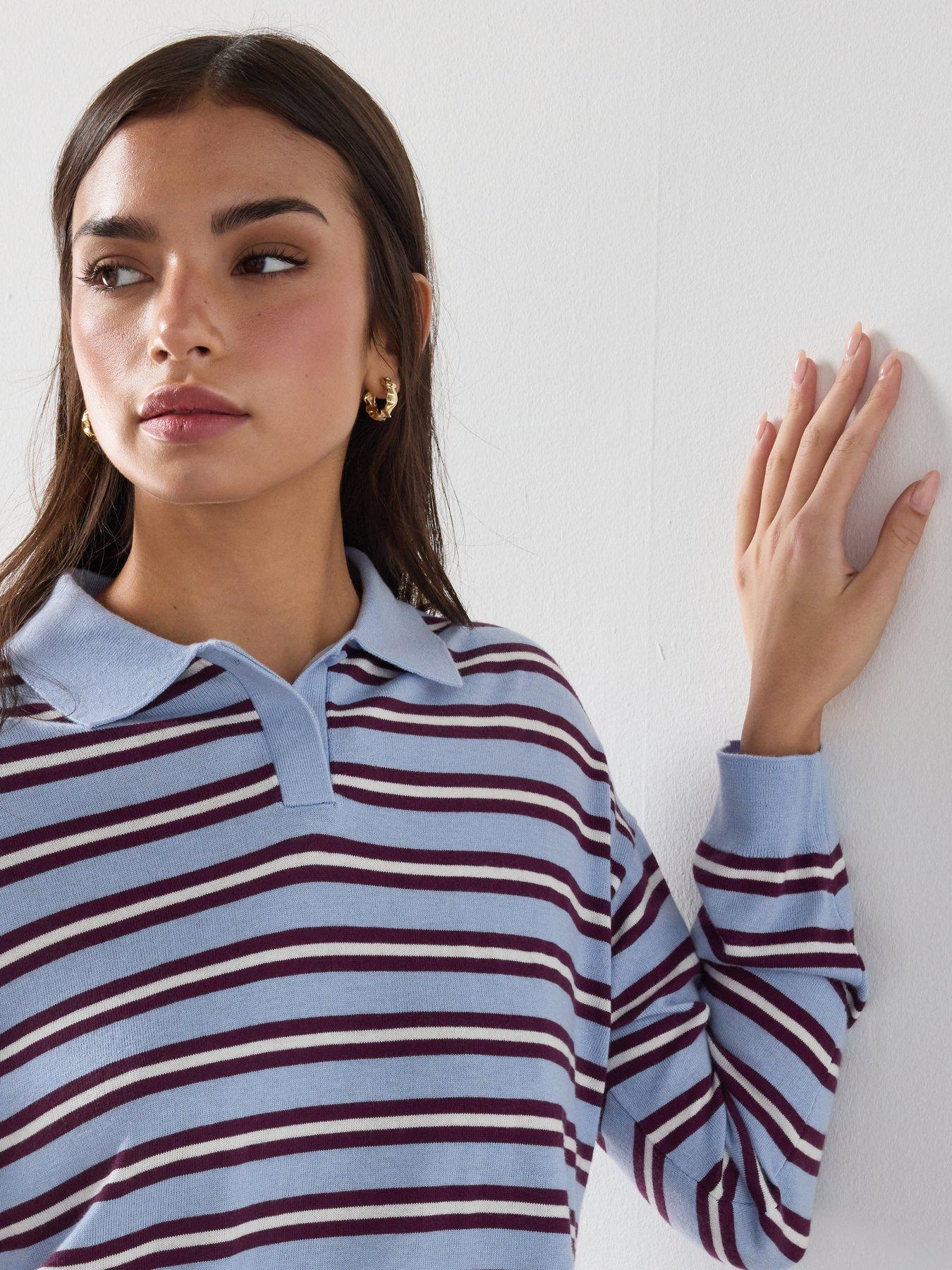 Image 4 of 6 of Mango Striped Polo Collar Sweater - Blue