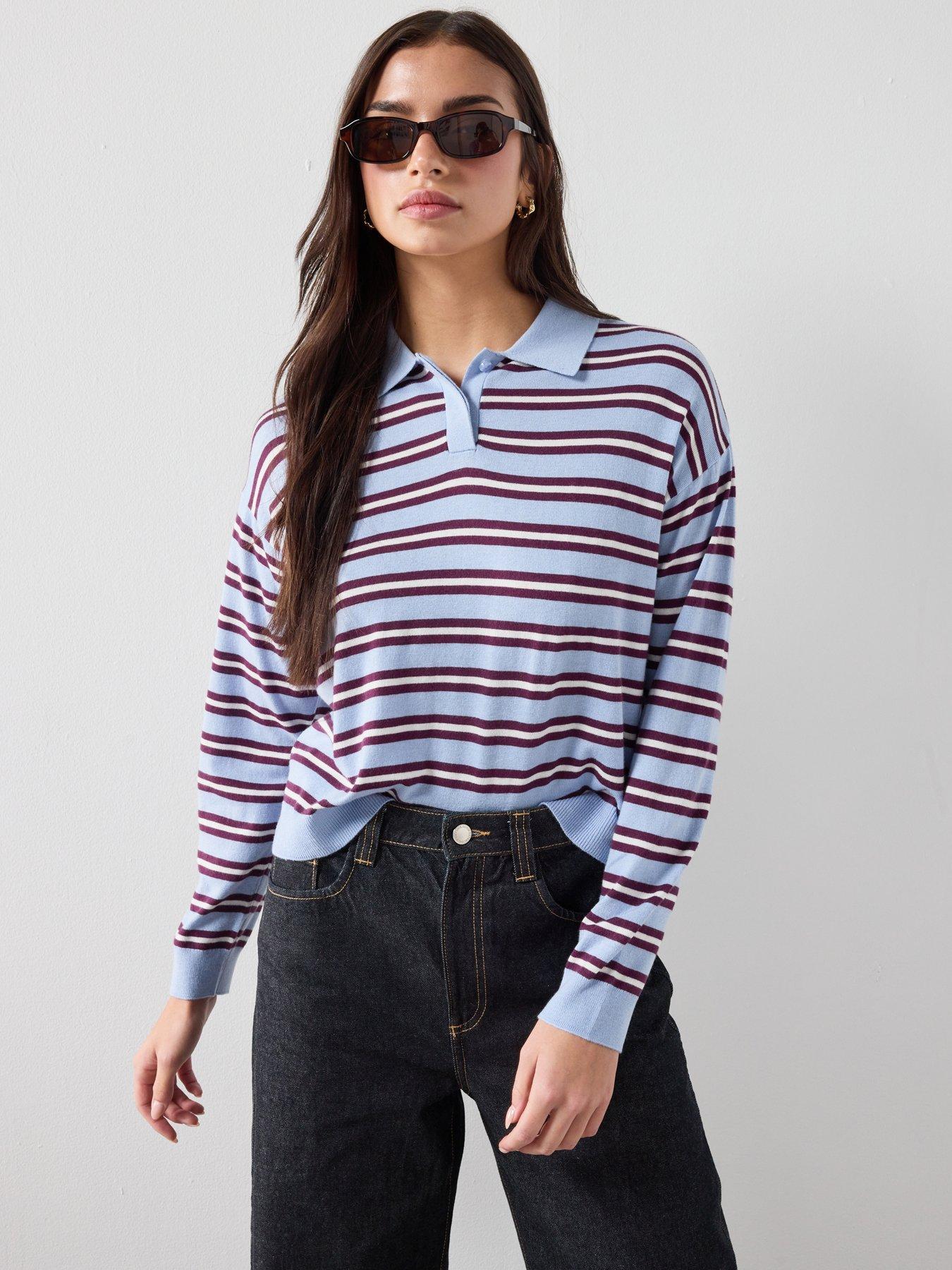 Image 6 of 6 of Mango Striped Polo Collar Sweater - Blue