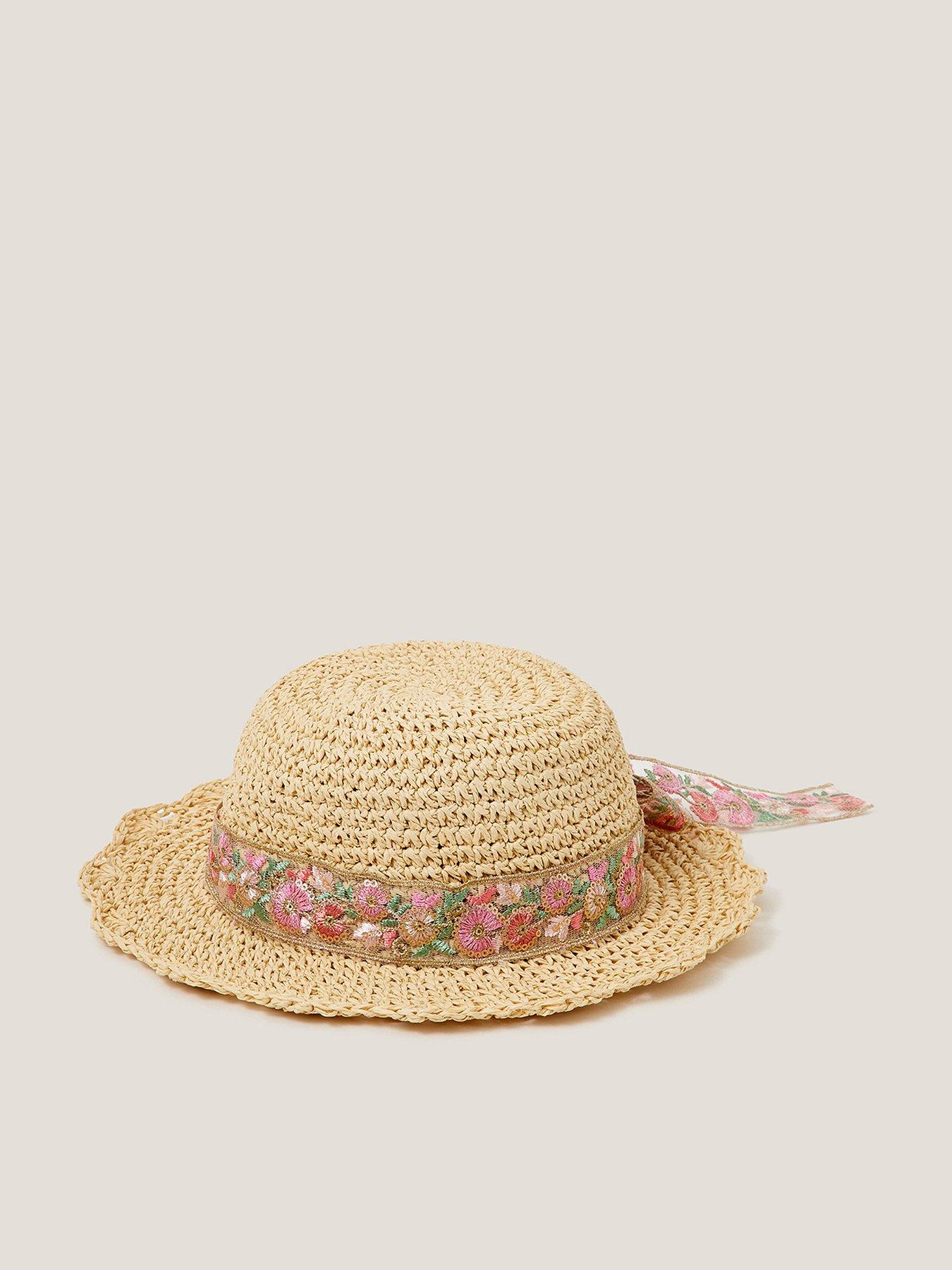 Image 1 of 3 of Monsoon Girls Embroidered Bow Straw Hat - Pink