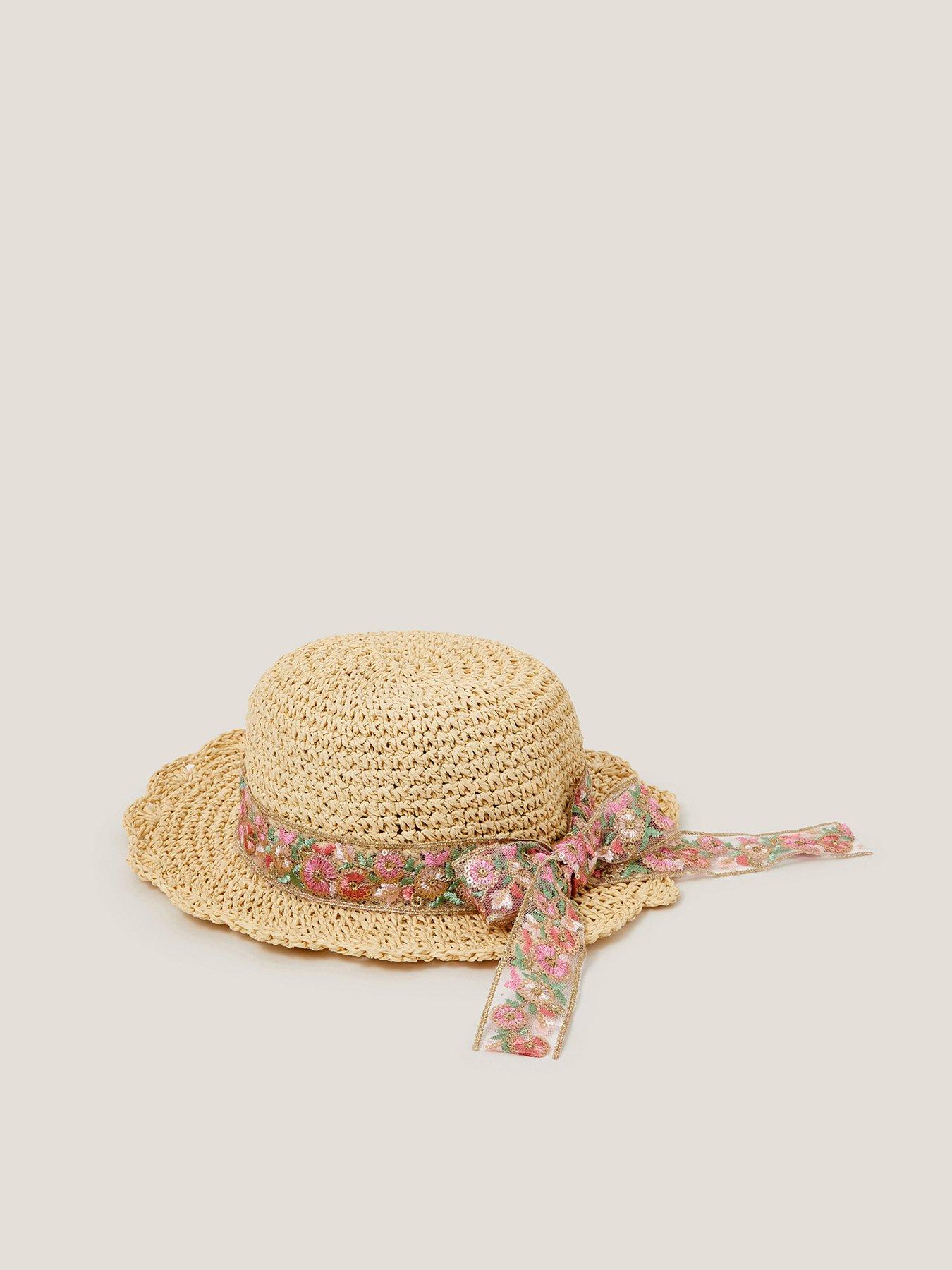 Image 2 of 3 of Monsoon Girls Embroidered Bow Straw Hat - Pink