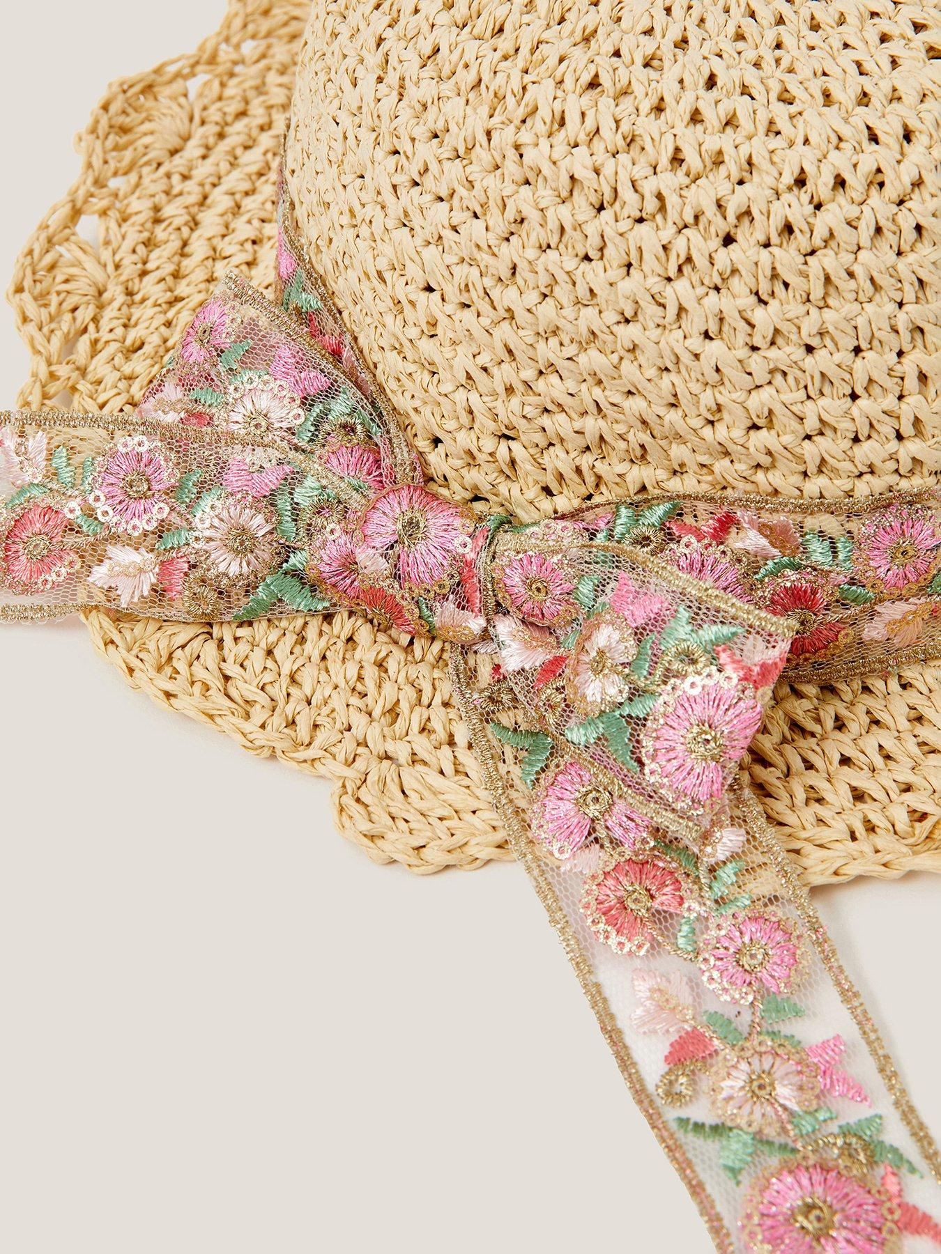 Image 3 of 3 of Monsoon Girls Embroidered Bow Straw Hat - Pink