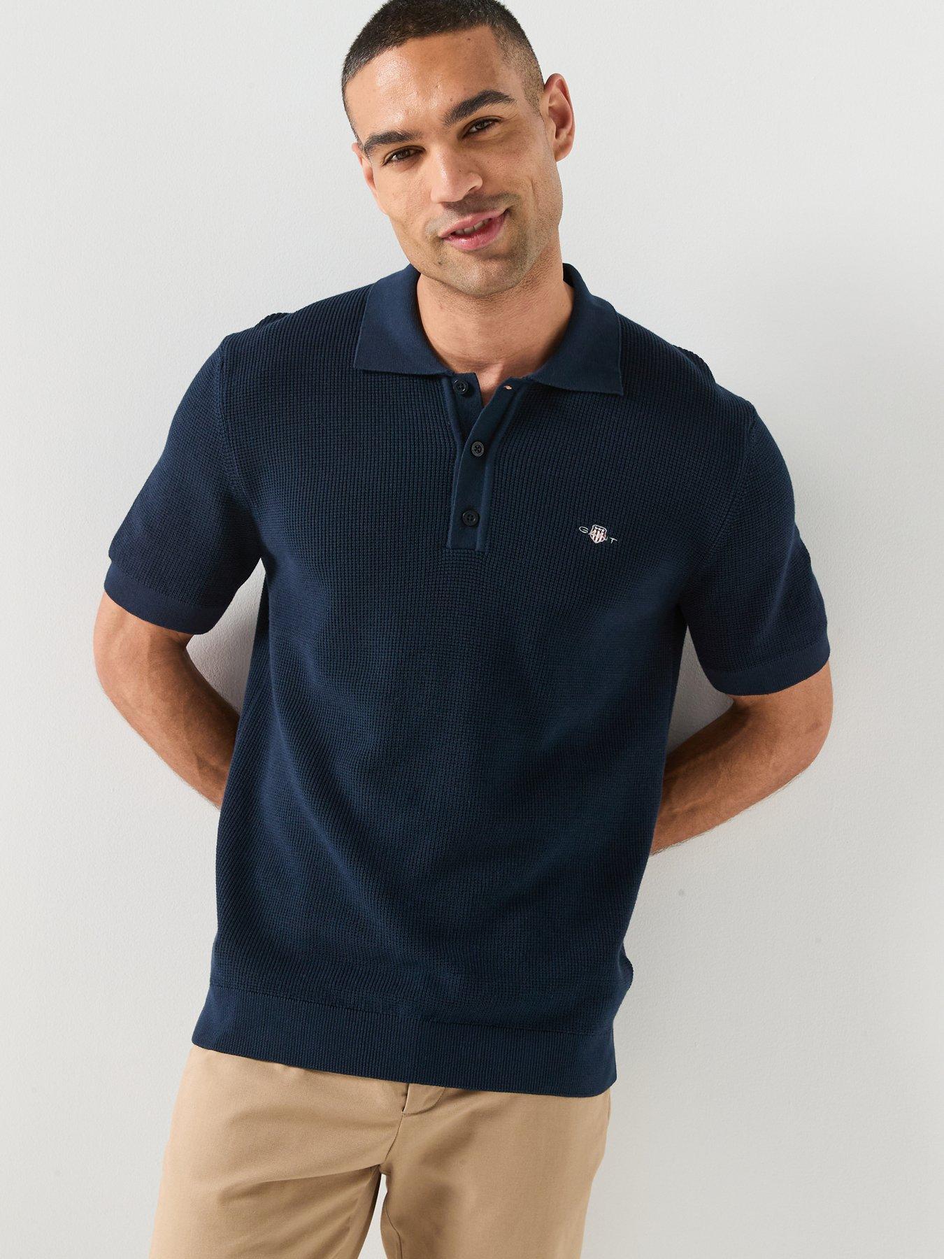 Gant Micro Textured Cotton Knitted Short Sleeve Polo Shirt - Navy