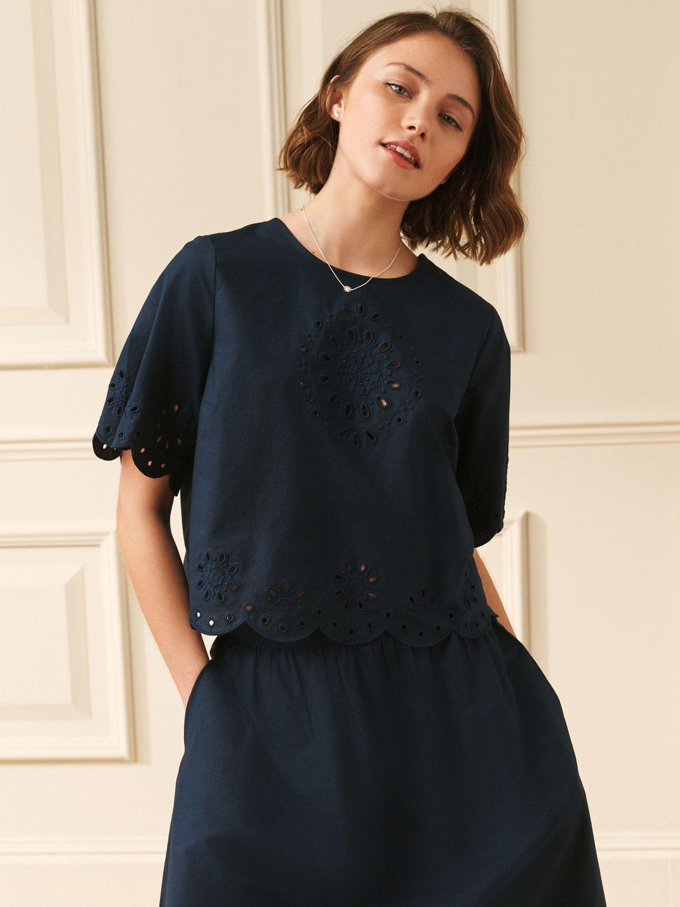 Laura Ashley Broderie Scallop Co Ord Top, Blue, Size 18, Women