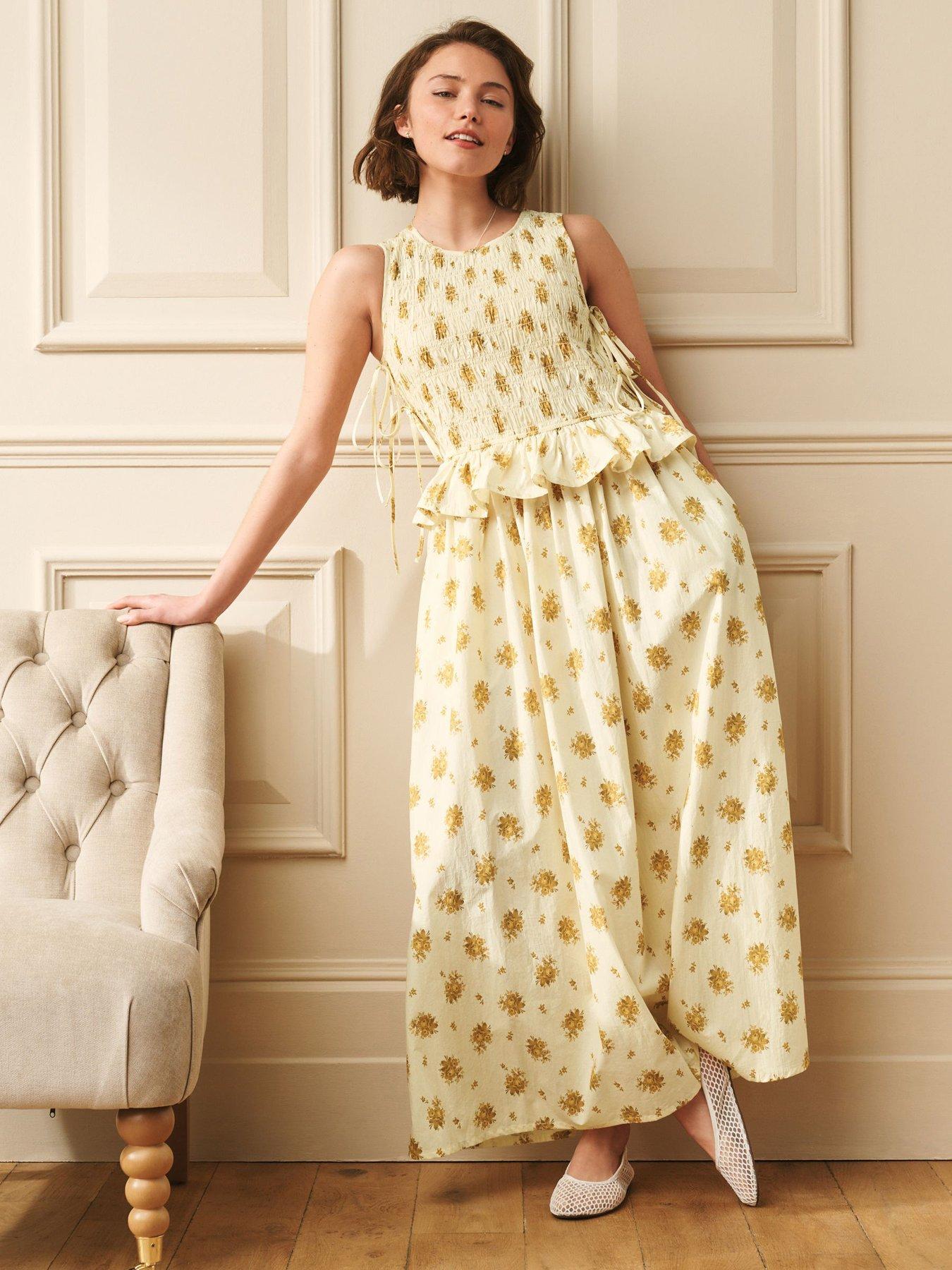 Laura Ashley Sleeveless Shirred Floral Dress - Yellow | Very